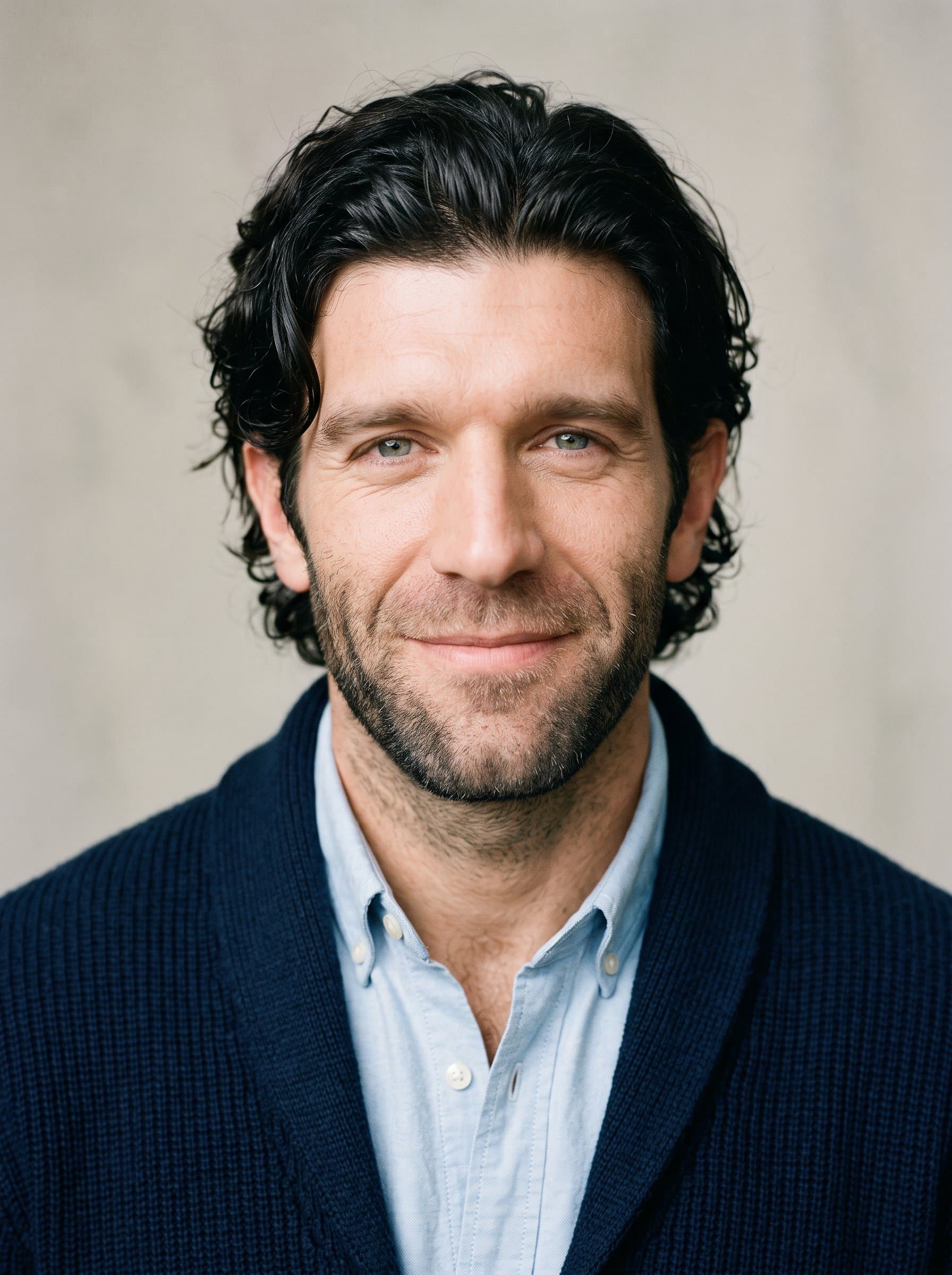 capturing the spirit of learning, in a navy cardigan, light shirt, neutral soft backdrop, balanced lighting enhances a gentle, confident gaze, AI vividly illustrating a yearbook classic.