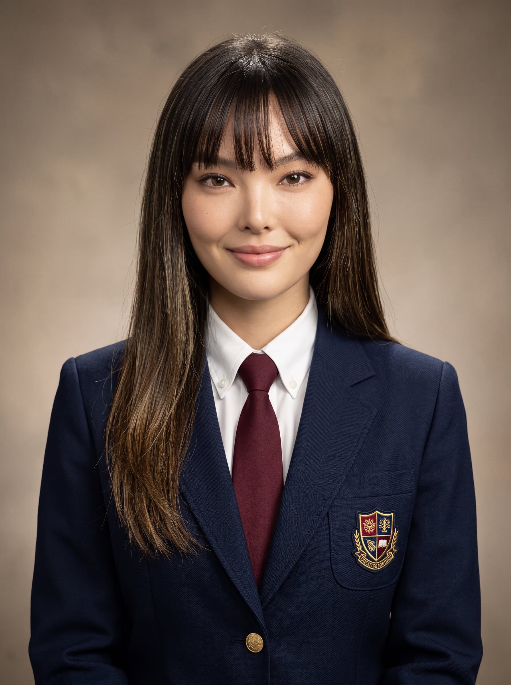 navy blazer with contrasting light shirt, warm neutral backdrop, soft overhead lighting, capturing a poised and collected demeanor, AI-generated to reflect a timeless yearbook memory.