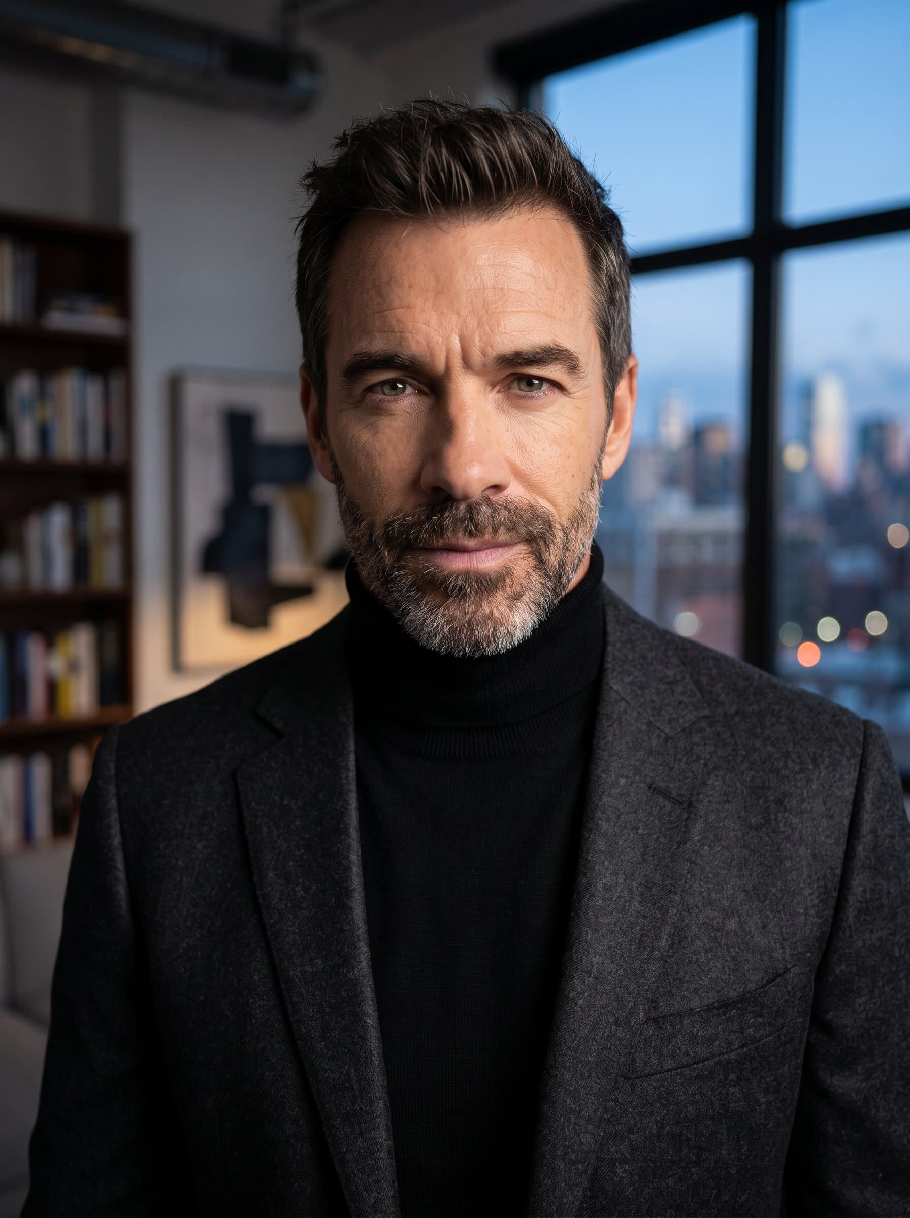 A conveys modern sophistication in a sleek urban loft. Highlighting intelligent eyes and a confident expression, this headshot crafts a compelling modern dating profile with an air of mystery.