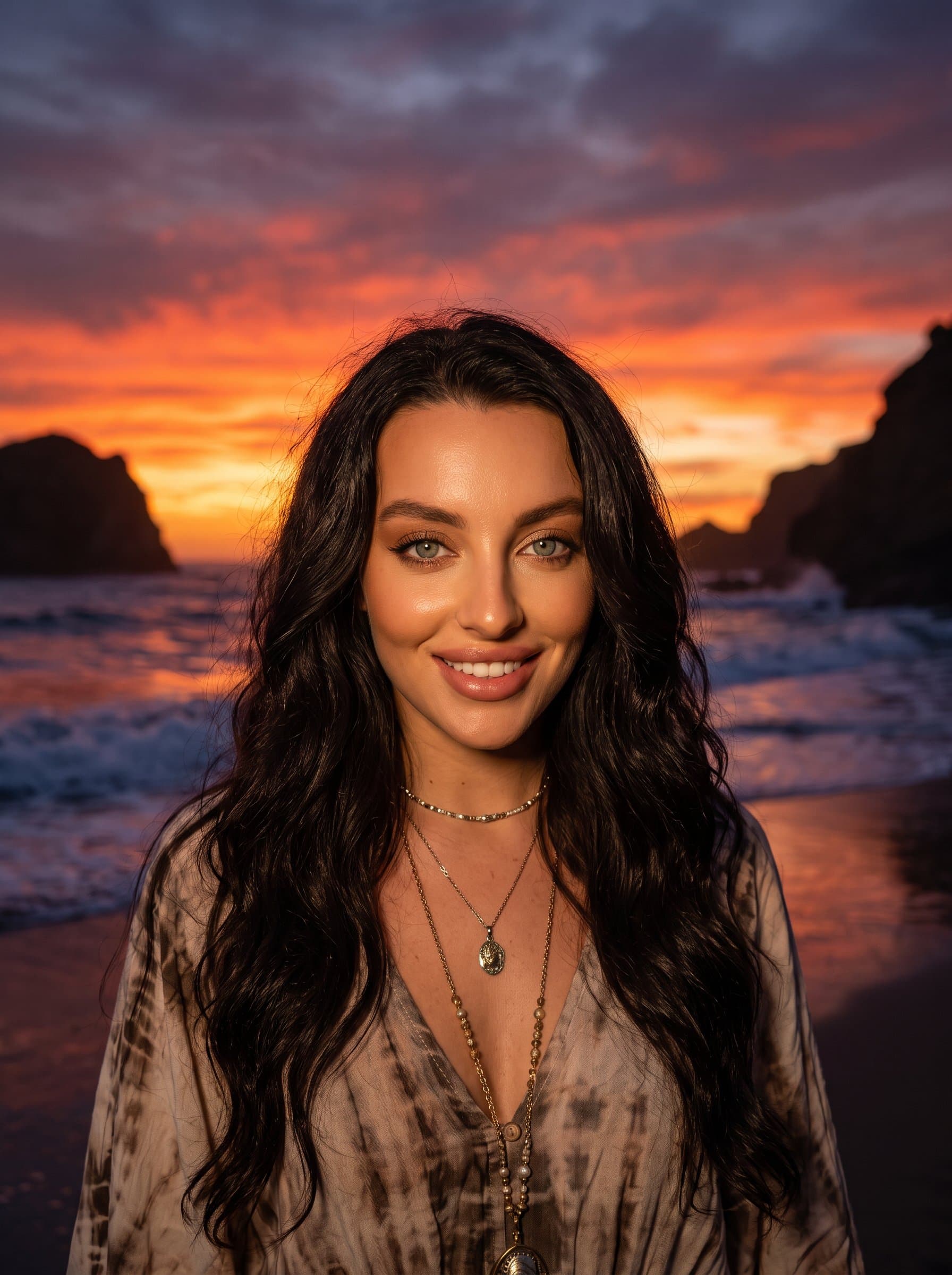 Create a that embodies adventurous spirit and charisma. With a dramatic sunset beach backdrop, this headshot showcases expressive eyes and a confident stance, capturing boldness for a standout dating profile.