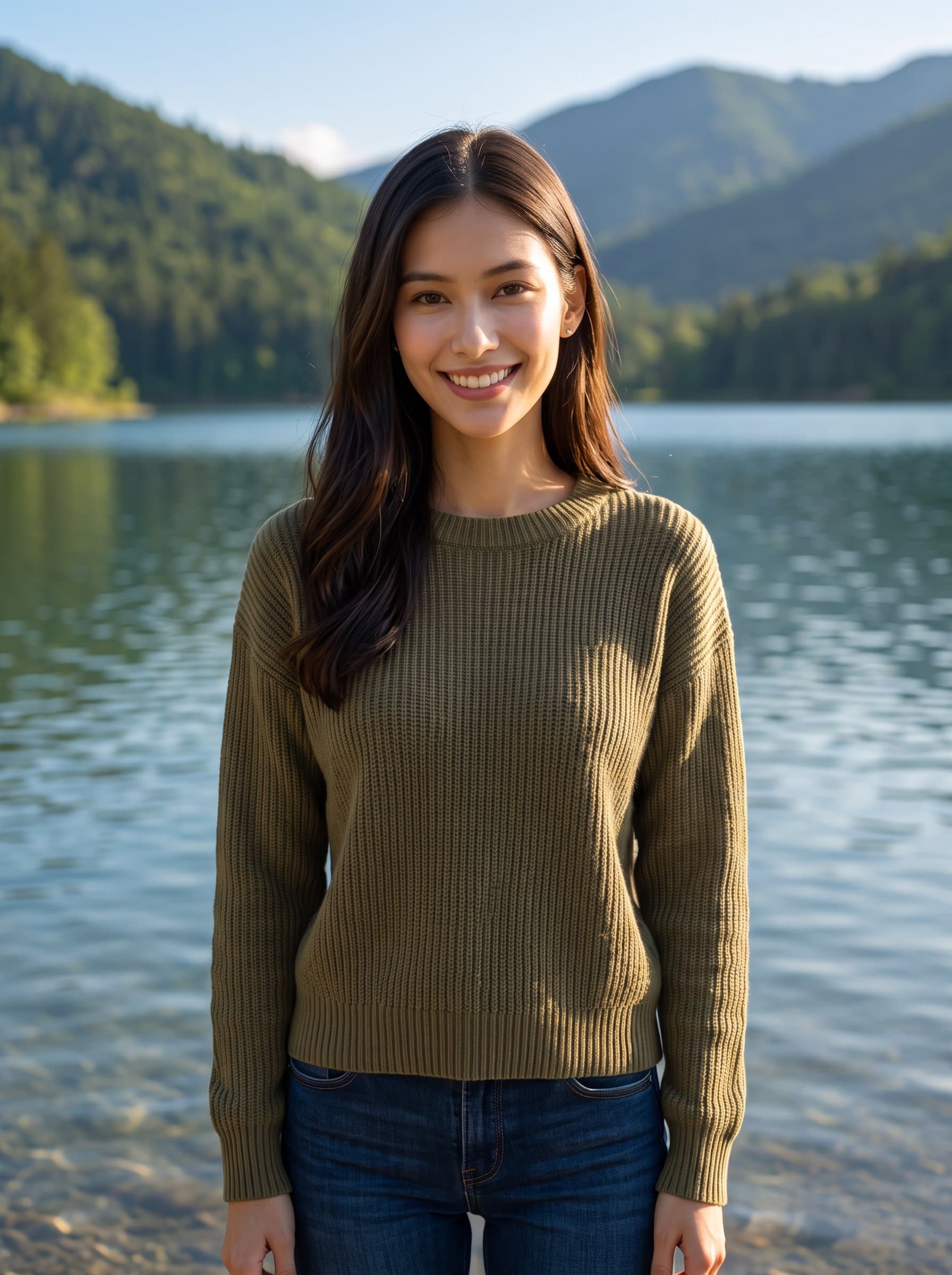 Capture a set against a serene lakeside view. The emphasis on calm eyes and a peaceful smile evokes tranquility, making it a captivating addition to a nature-loving dating profile.