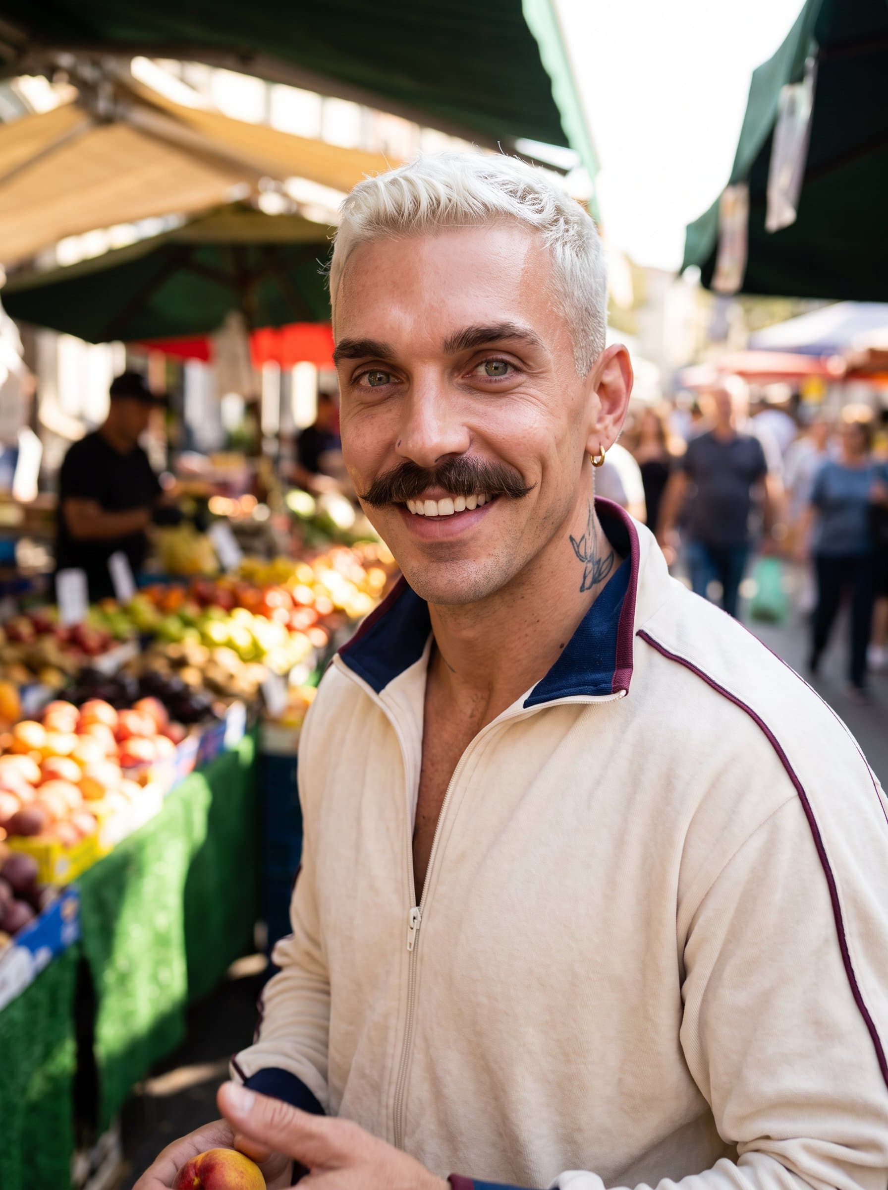 Capture a at a bustling market, spotlighting lively eyes and an engaging expression. This energetic headshot brings vibrancy and life to a dating profile, sparking curiosity and interest.
