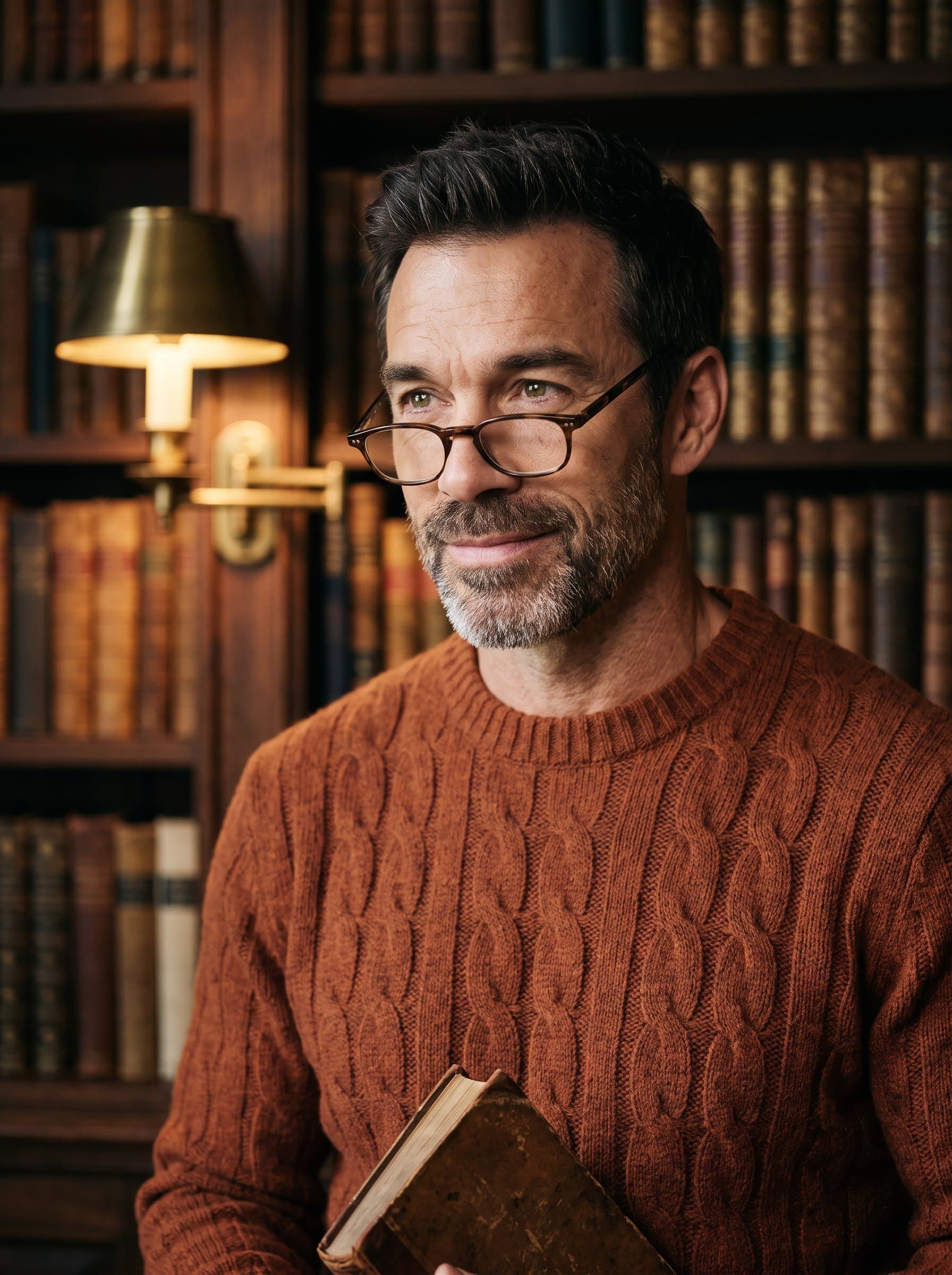 Generate a with a rustic vibe, set against a vintage library backdrop. This headshot highlights intellectual curiosity and a gentle smile, ideal for emphasizing depth and sincerity on a dating profile.
