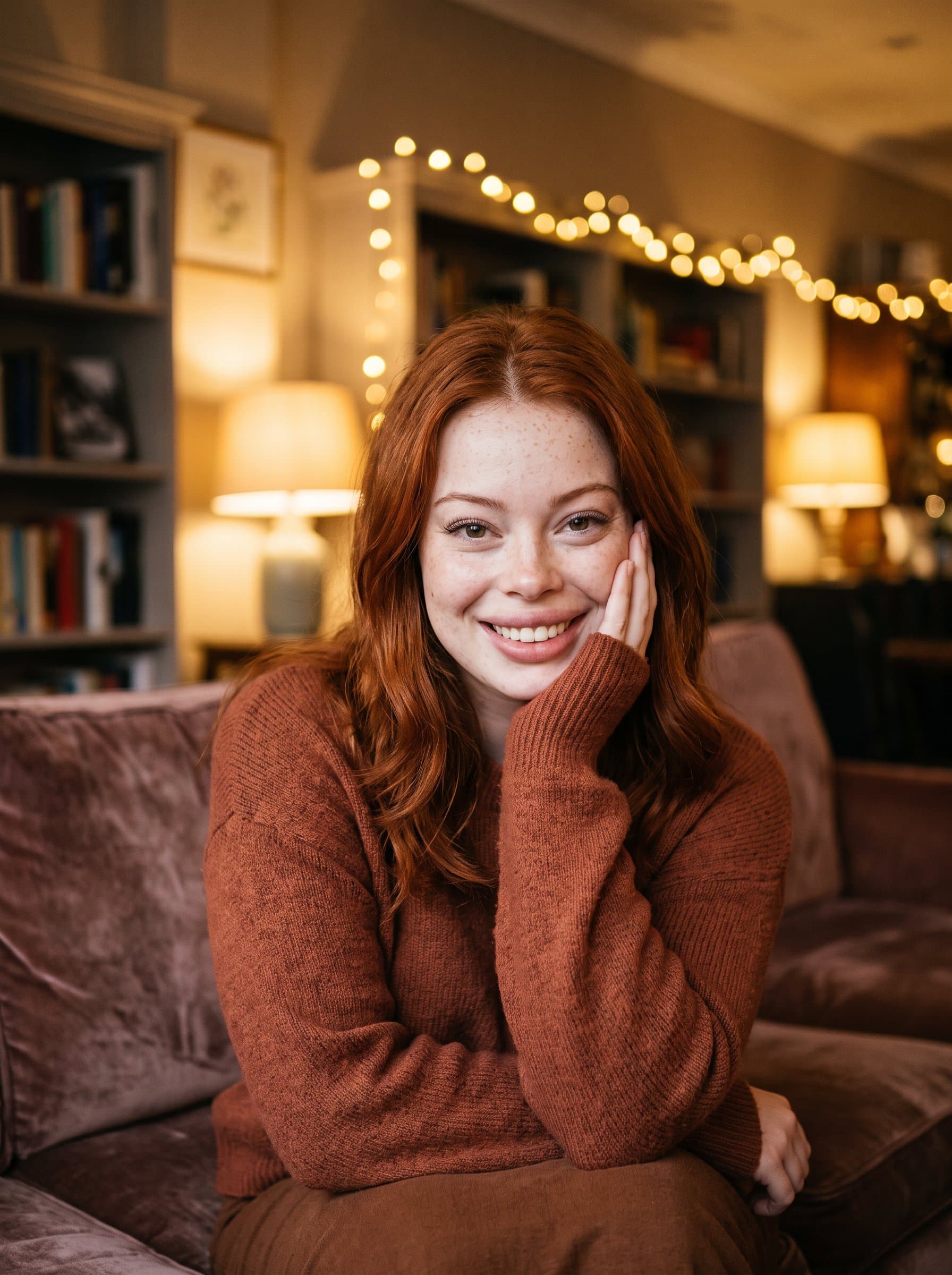 Design a basking in cozy, indoor lighting. The scene highlights warm eyes and a welcoming smile, ideal for a dating profile that expresses comfort and approachability.