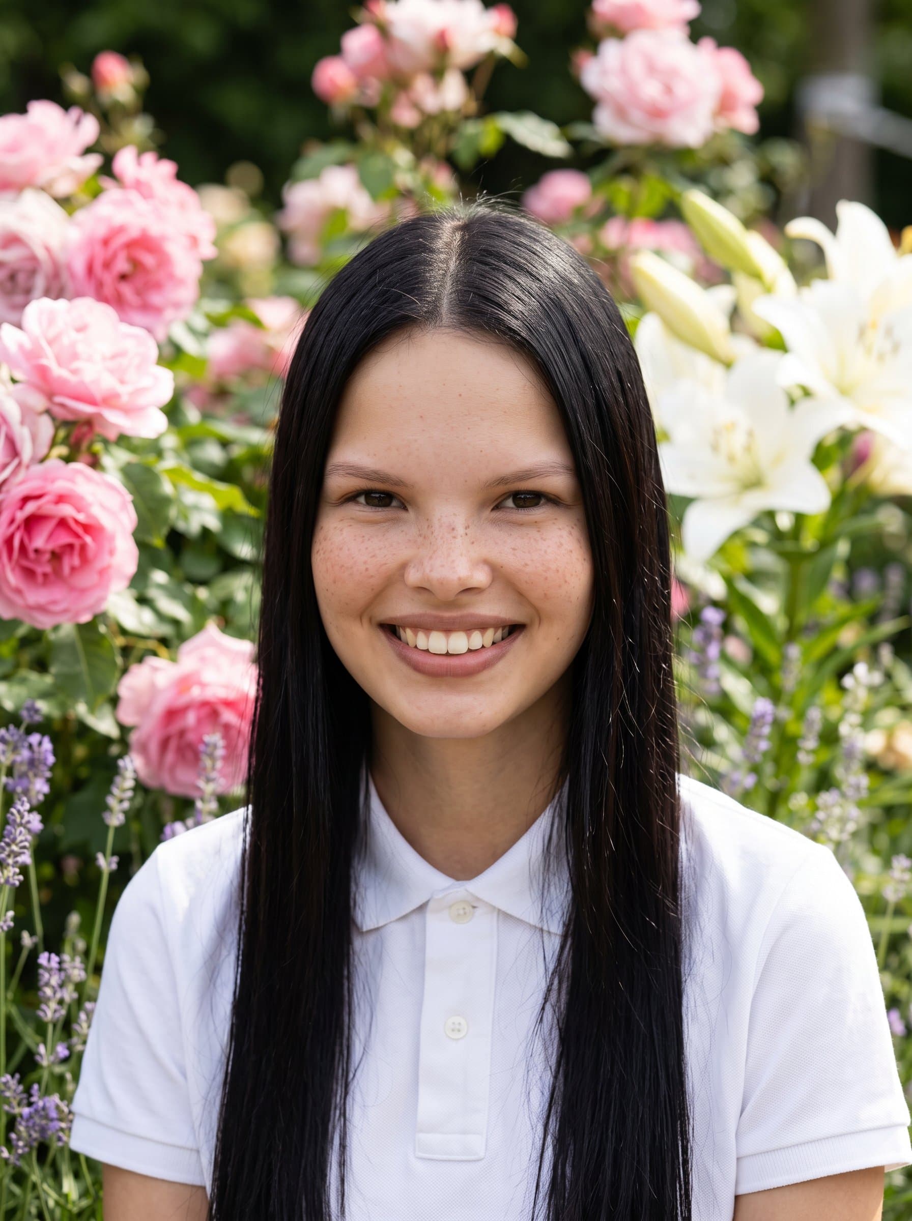 A stands among blossoming flowers, exuding natural beauty. Highlighting radiant eyes and a genuine smile, this headshot is perfect for adding a touch of romance to a dating profile.