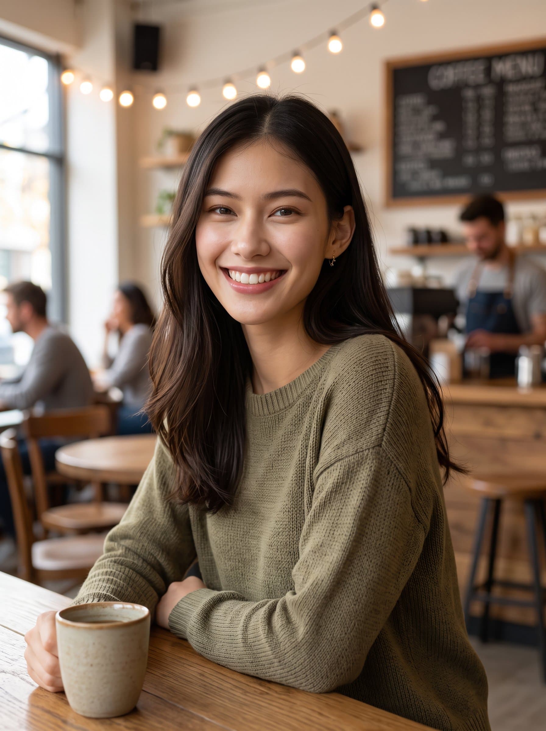 Present a in a bustling coffee shop, emanating casual charm. The focus is on the engaging smile and relaxed demeanor, making this the perfect headshot for a dynamic and approachable dating profile.