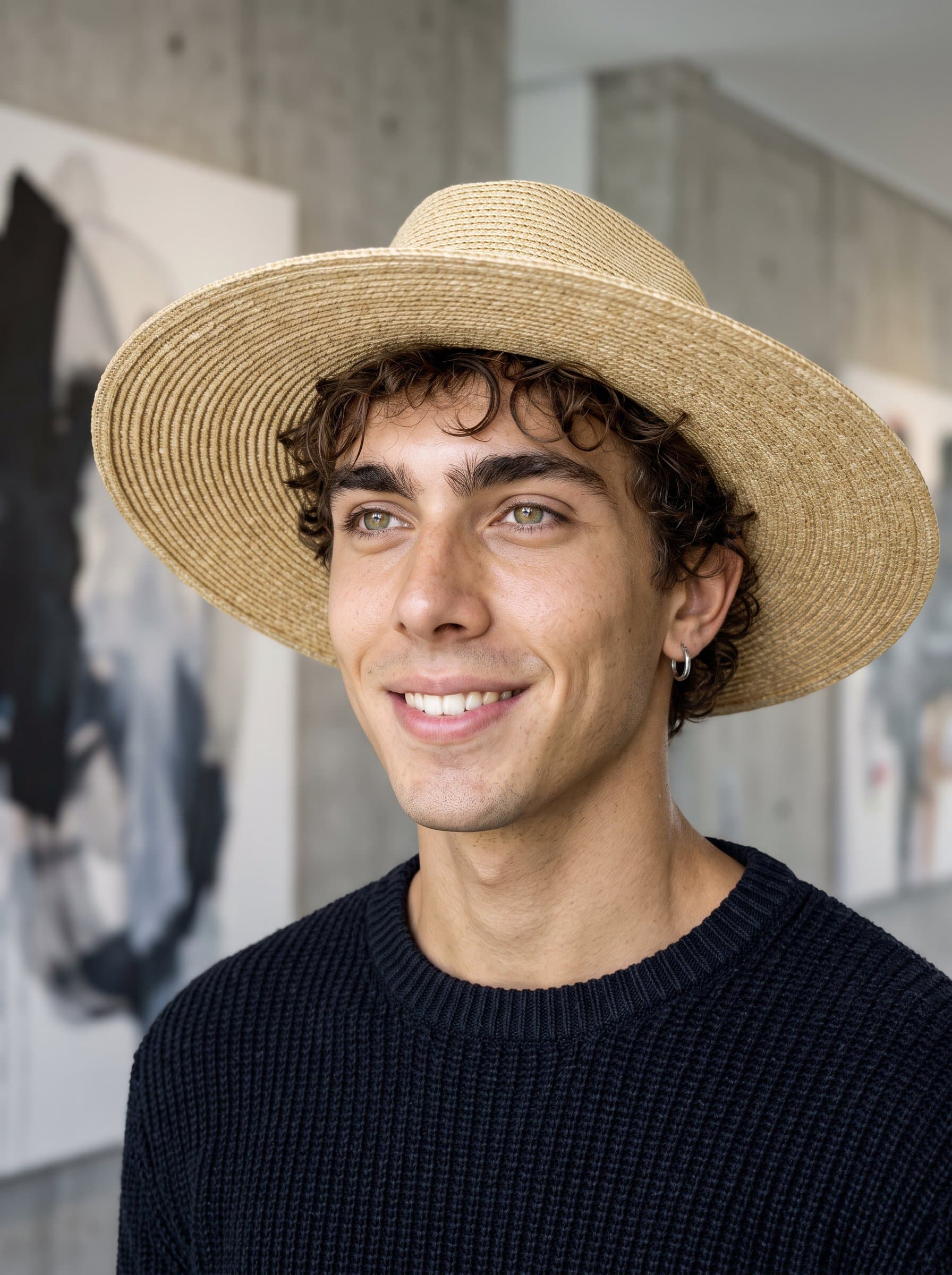 A enjoys a quiet moment in a modern art gallery. Concentrate on thoughtful eyes and an intriguing smile, crafting a headshot for a dating profile that captures a refined sense of wonder.