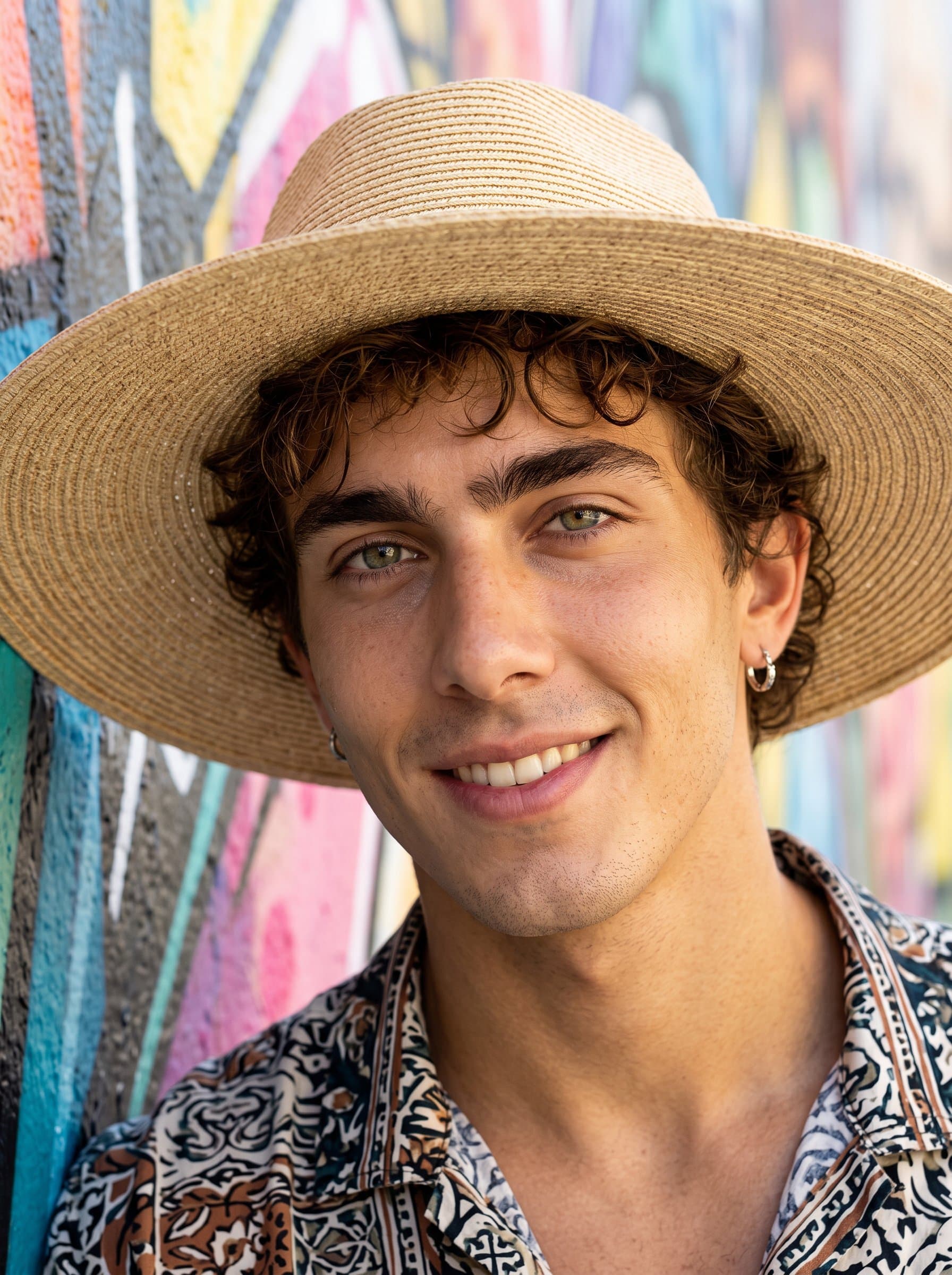 Create a exploring artistic elegance against a vibrant graffiti wall. This headshot emphasizes creativity through expressive eyes and a pensive smile, perfect for a dating profile that stands out.
