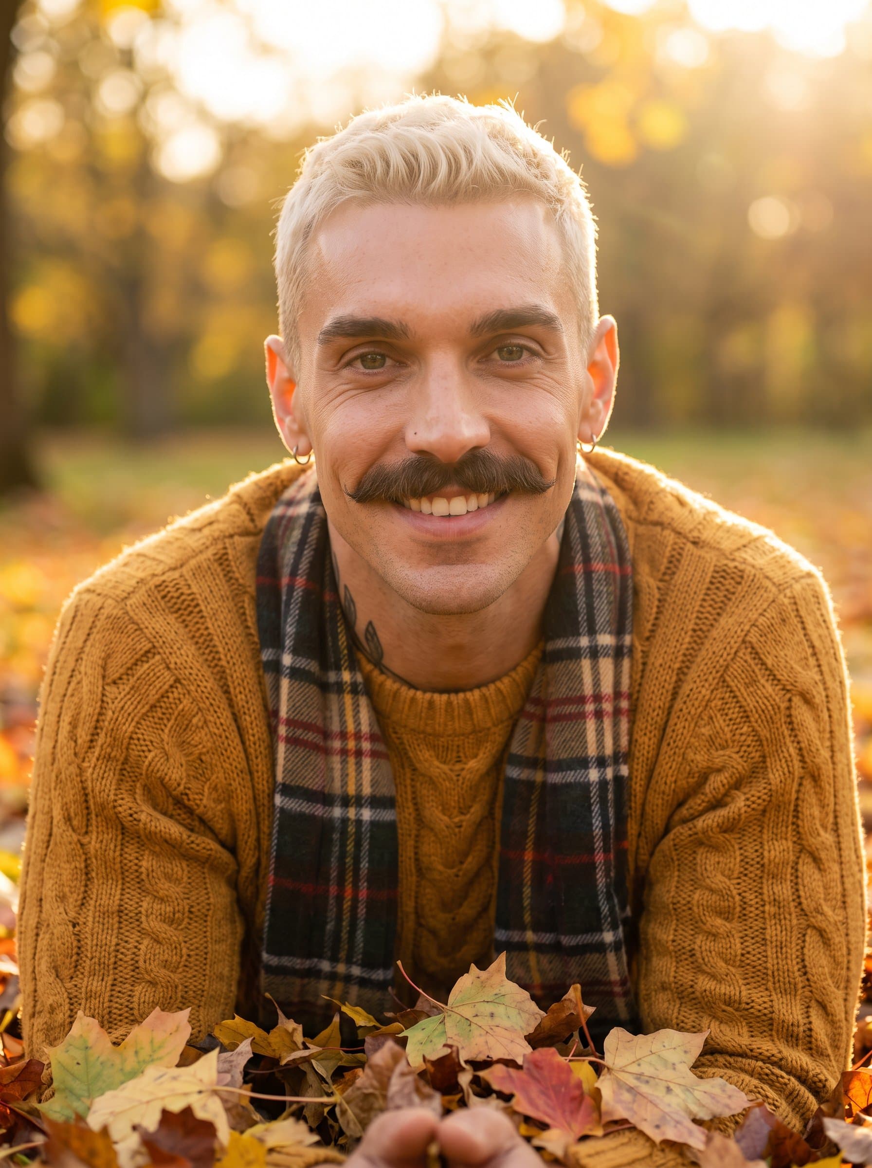 Showcase a in cozy autumn wear, surrounded by fallen leaves. The focus on soft eyes and a warm smile conveys a sense of comfort and nostalgia, perfect for a seasonal dating profile.