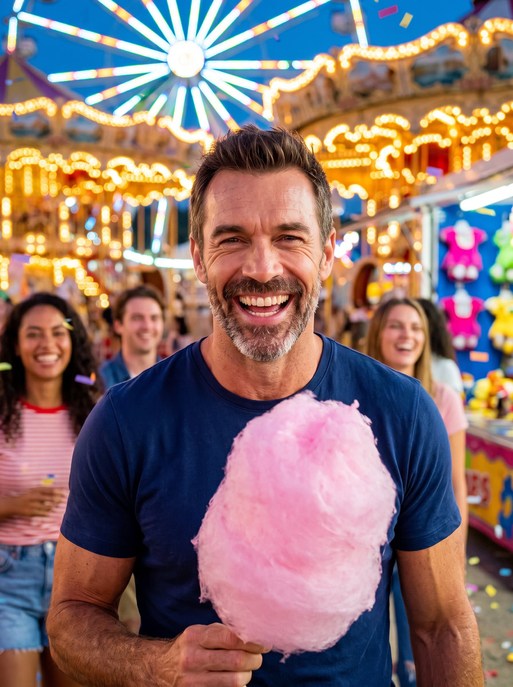 Design a amidst a bustling, colorful carnival. Focus on bright eyes and a joyful expression, creating a fun and lively dating profile photo full of vibrant energy and excitement.