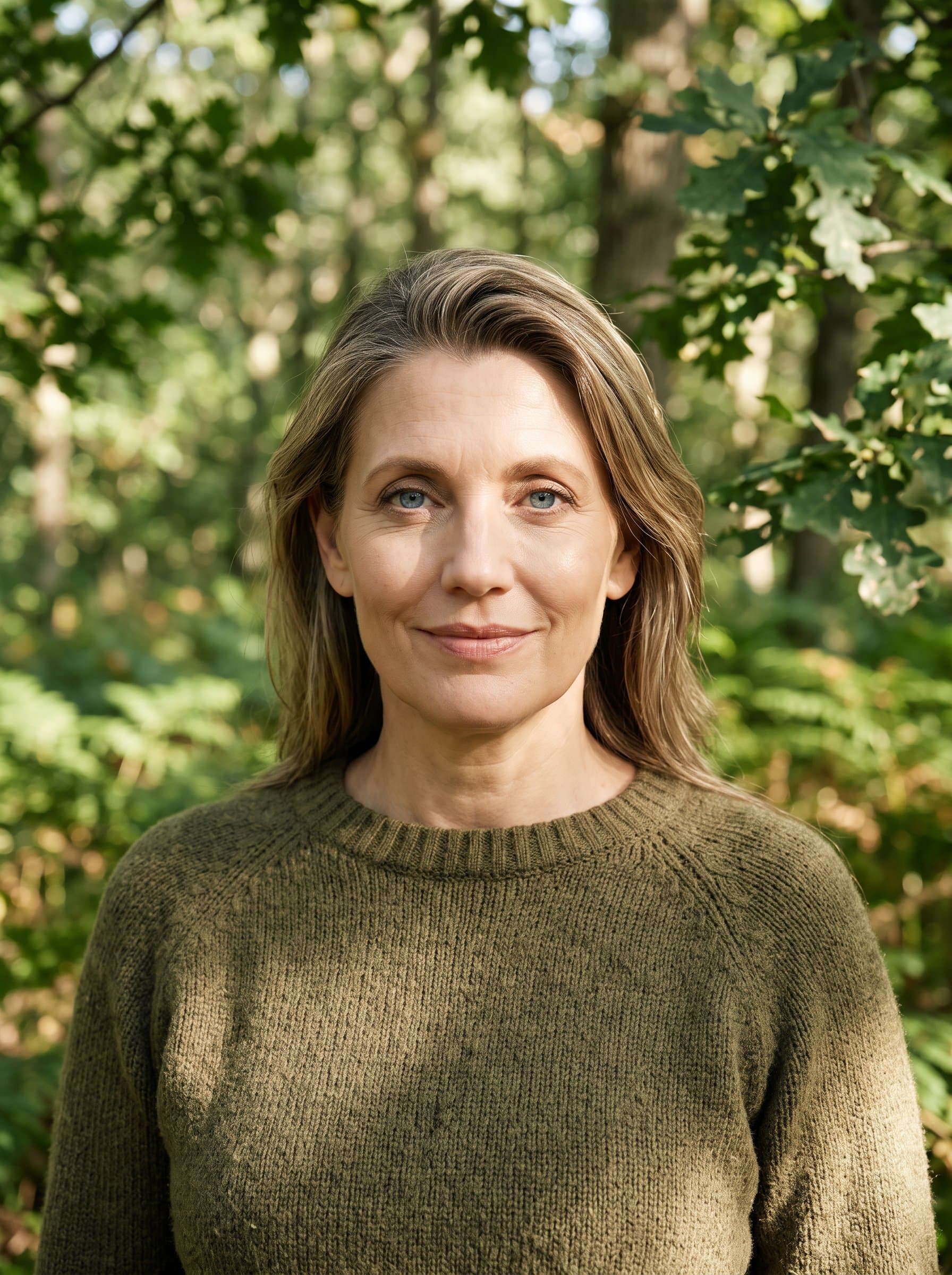 Capture a in a sun-dappled forest, emphasizing serene eyes and a subtle, genuine smile. This headshot portrays a love for nature, perfect for a dating profile with an earthy charm.
