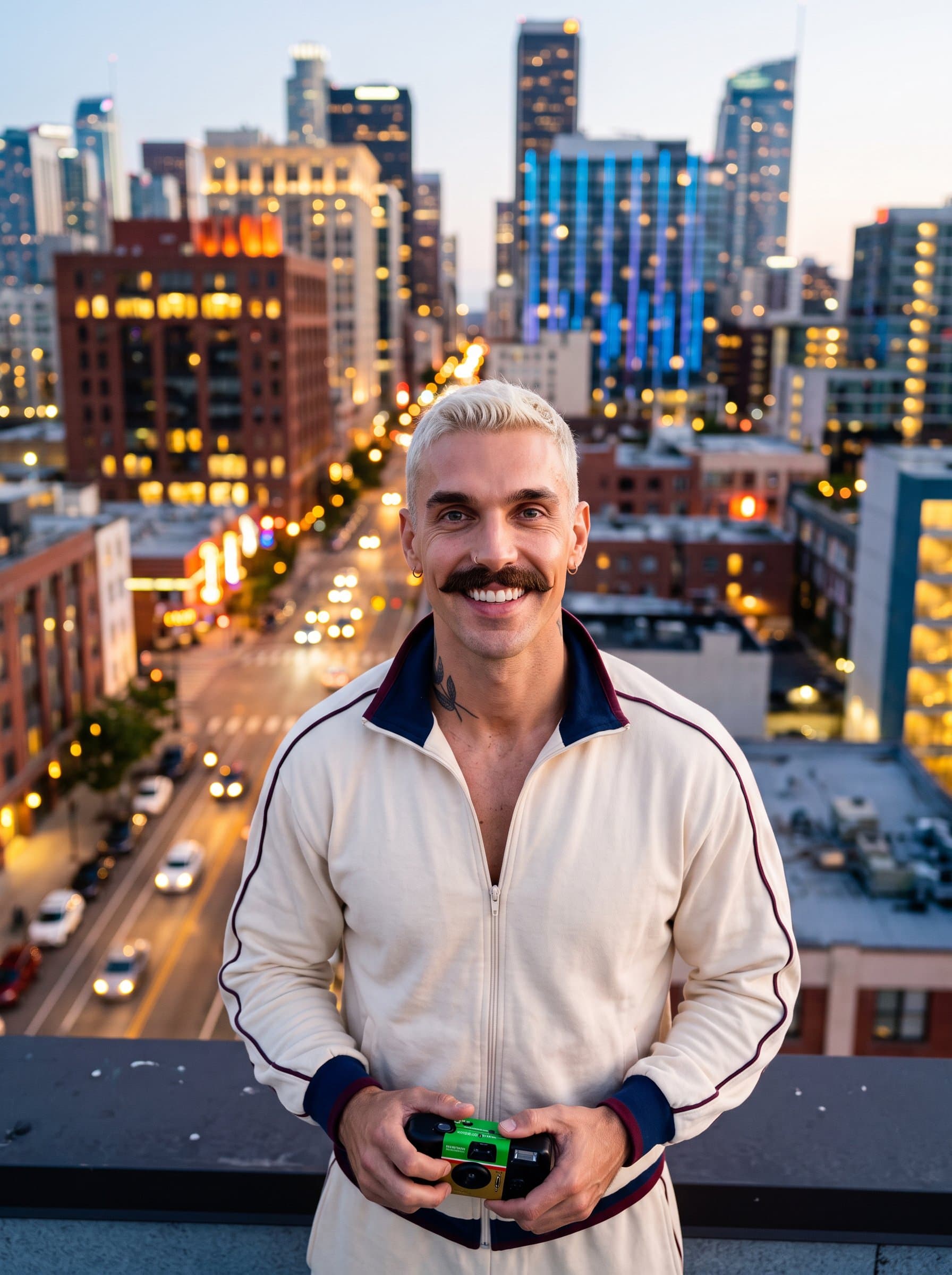 Feature a with a dynamic cityscape at dusk, focusing on vivid eyes and an adventurous smile. This photo elevates any dating profile with its portrayal of wonder and excitement.