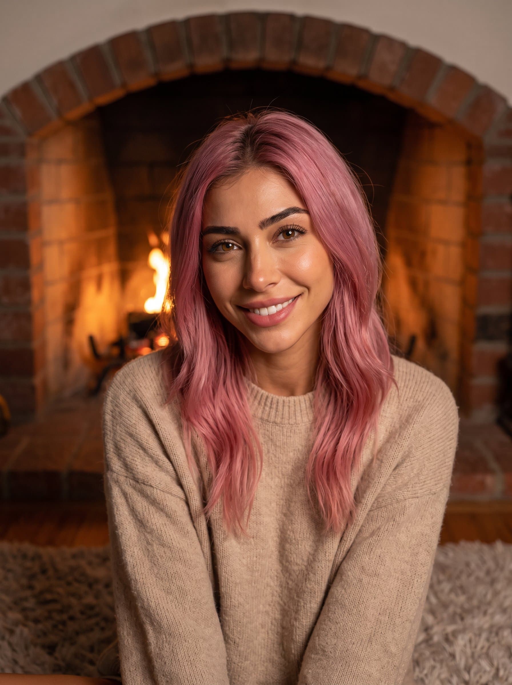 Present a framed by a cozy fireplace, emphasizing warmth and comfort. The photorealistic focus on twinkling eyes and a gentle grin creates an inviting dating profile image.
