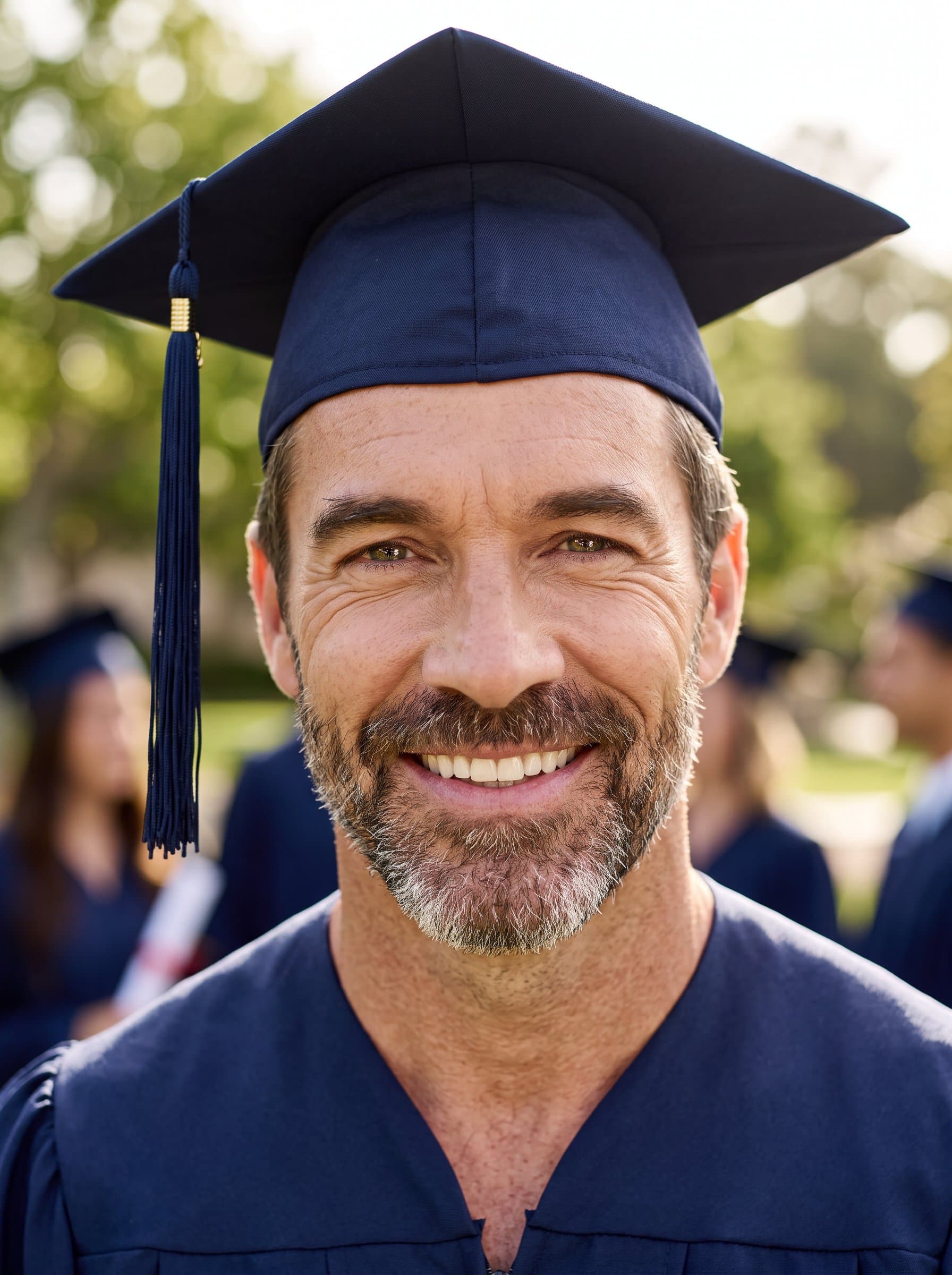 In this a young grad stands against a softly blurred backdrop, their radiant smile and bright eyes capturing the essence of accomplishment. The cap and gown add a touch of elegance to this photorealistic moment.