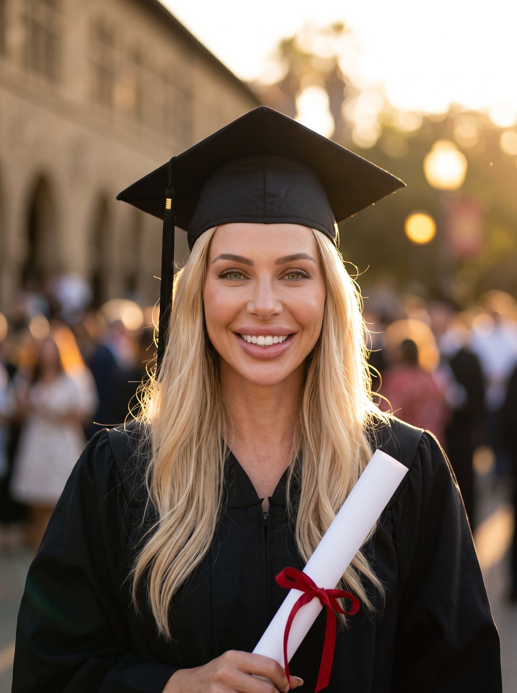 showcasing a graduate wearing a cap and gown, beaming with pride. The blurred background highlights their confident smile, captured in flattering light, symbolizing the joy of achievement and future aspirations. Photorealistic.