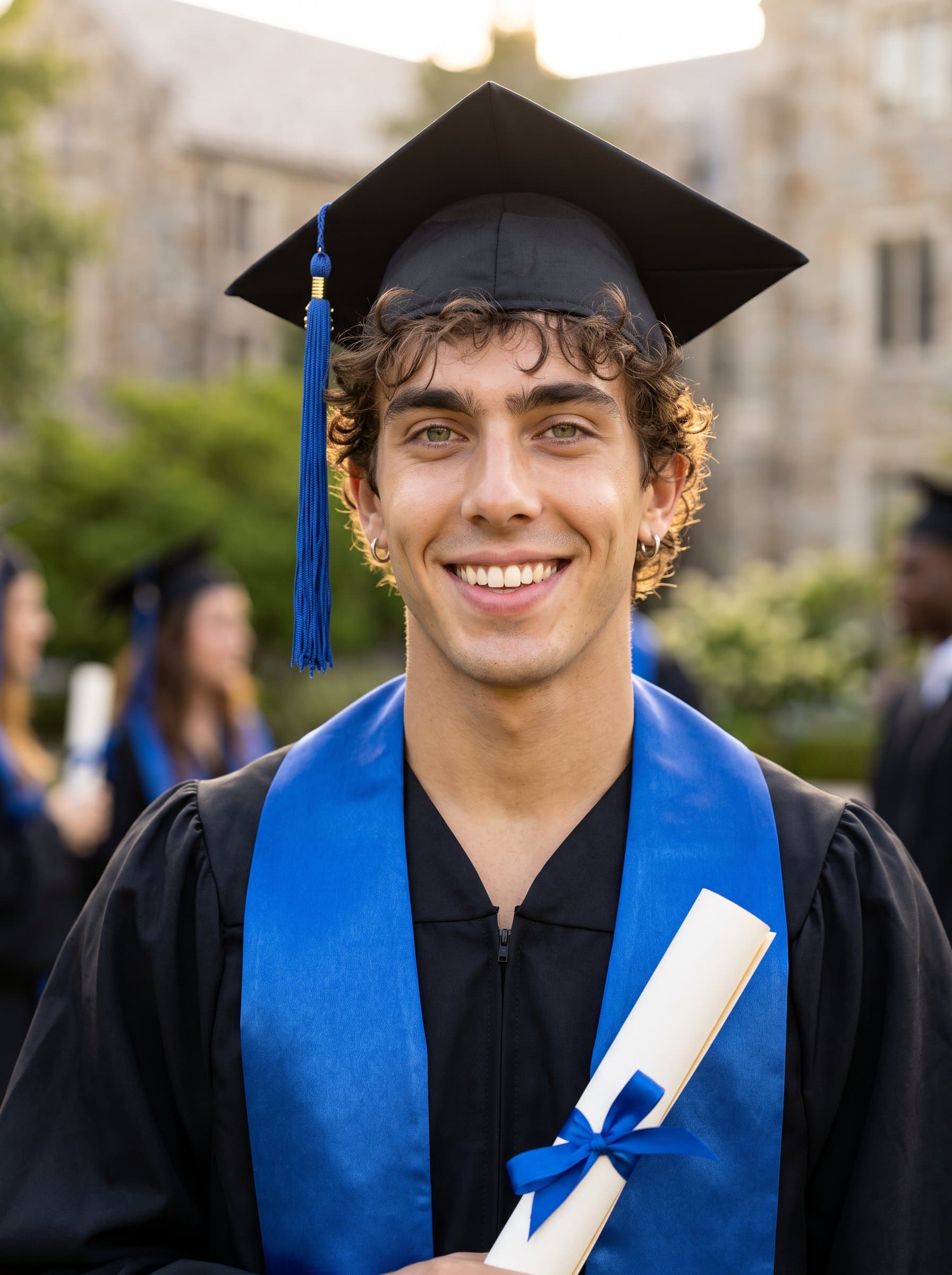 A portrait of a young adult in graduation gear, smiling broadly. The blurred setting behind adds depth, while soft lighting highlights their features, capturing the essence of success and the excitement for what's to come.