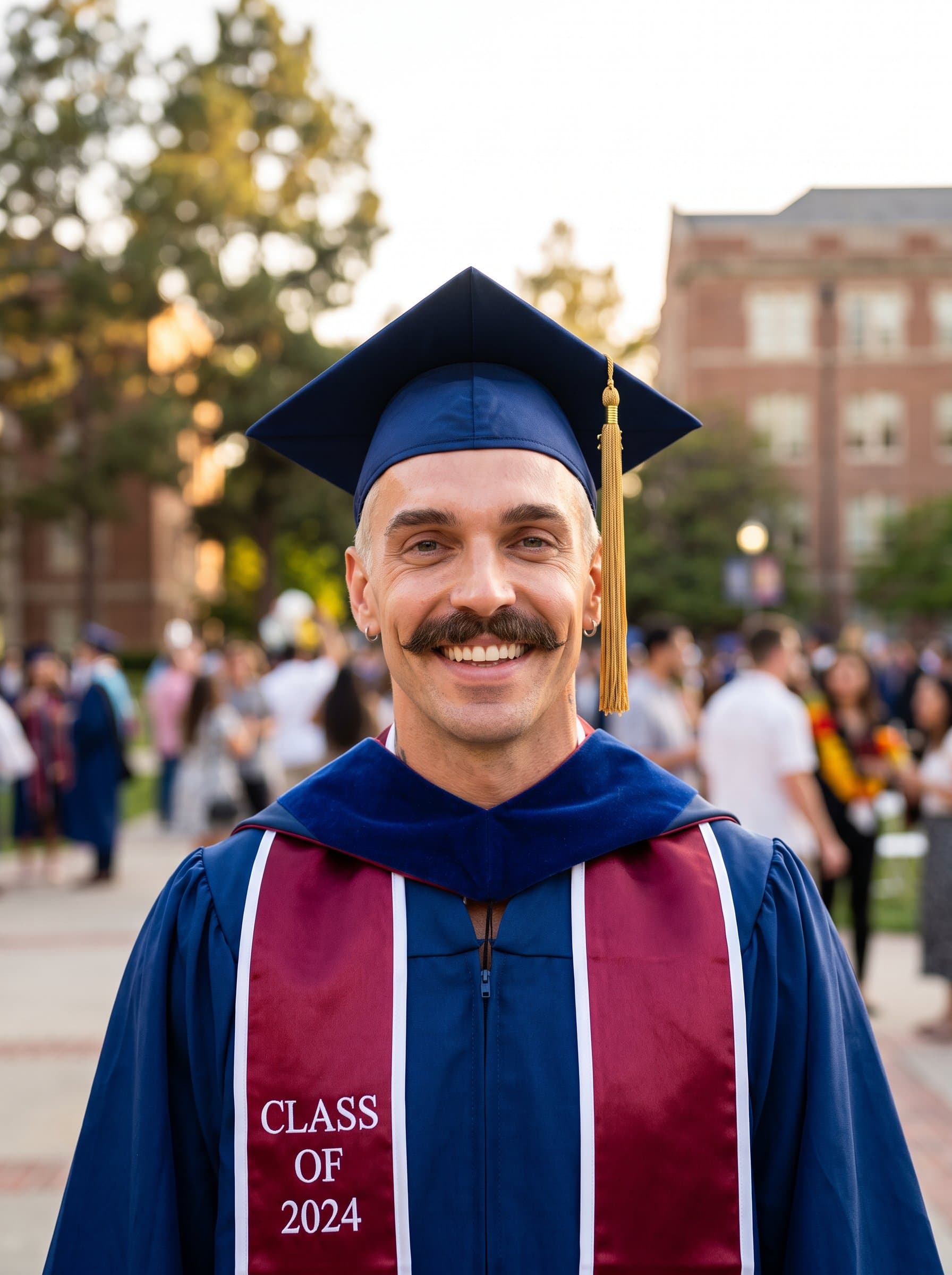 captures a vibrant graduate in a cap and gown, their smile illuminated by flattering lighting. The blurred, soft background emphasizes their glowing face, symbolizing the joy of graduation and hopeful beginnings.