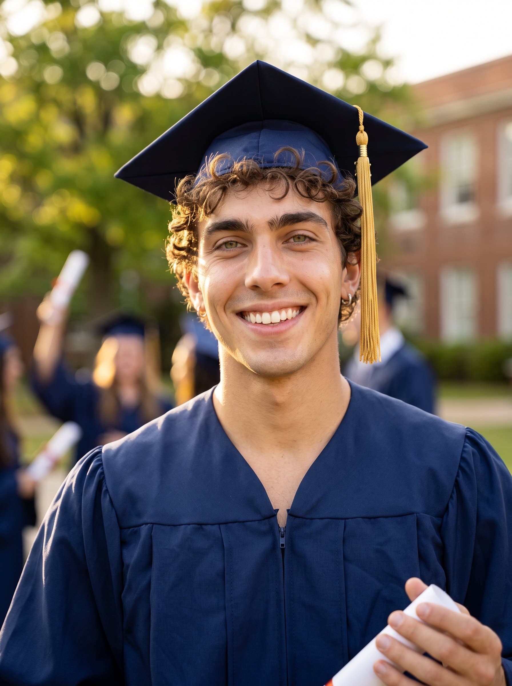 This features a graduate against a softly blurred backdrop, their smile radiant and eyes bright. Flattering lighting highlights their features, encapsulating the joy of achievement and the promise of new beginnings.