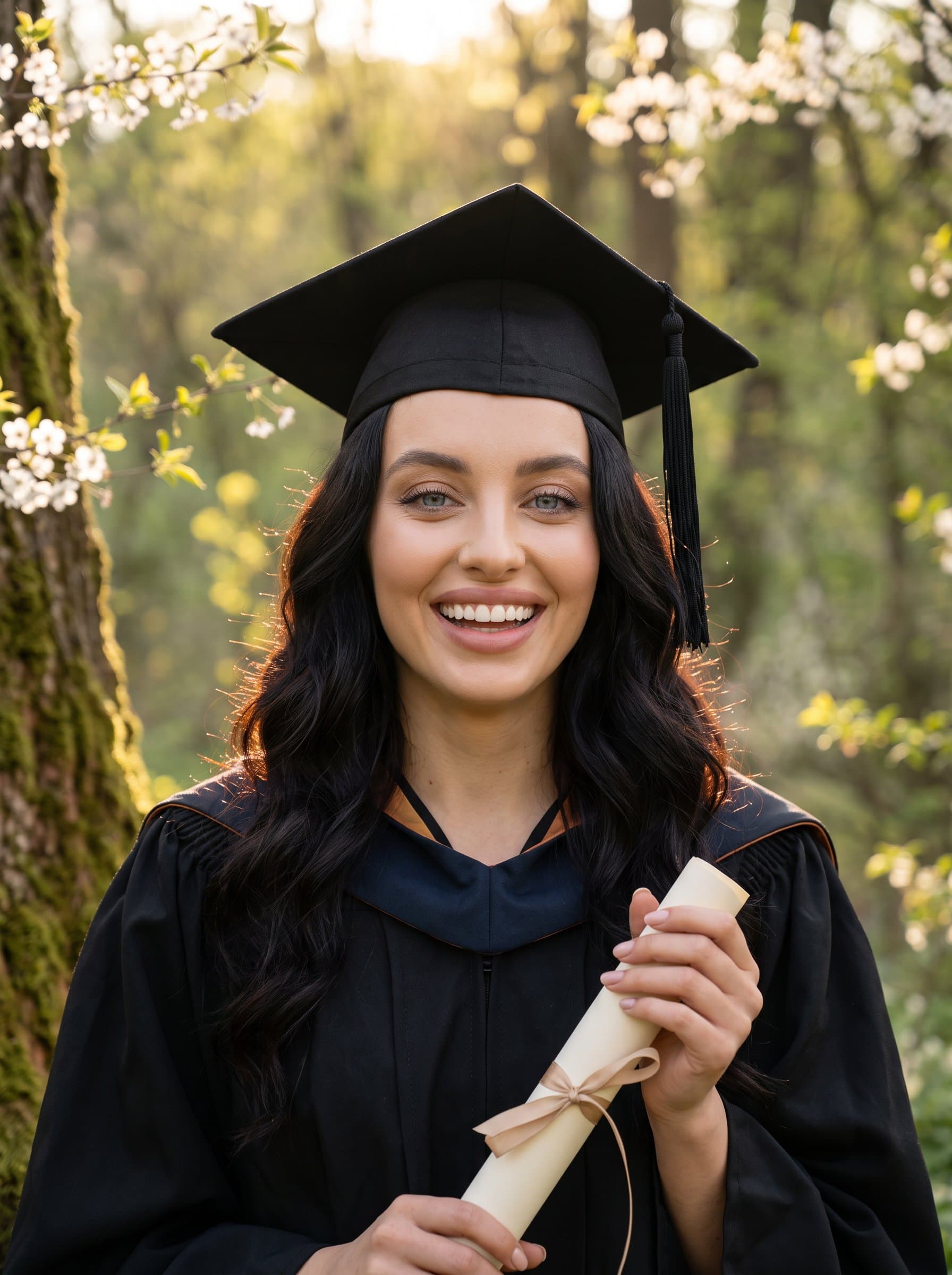 features an elated graduate in classic attire, with a softly focused background. The bright, flattering lighting accentuates their joyful expression, exuding pride and the promise of a bright future. Photorealistic.
