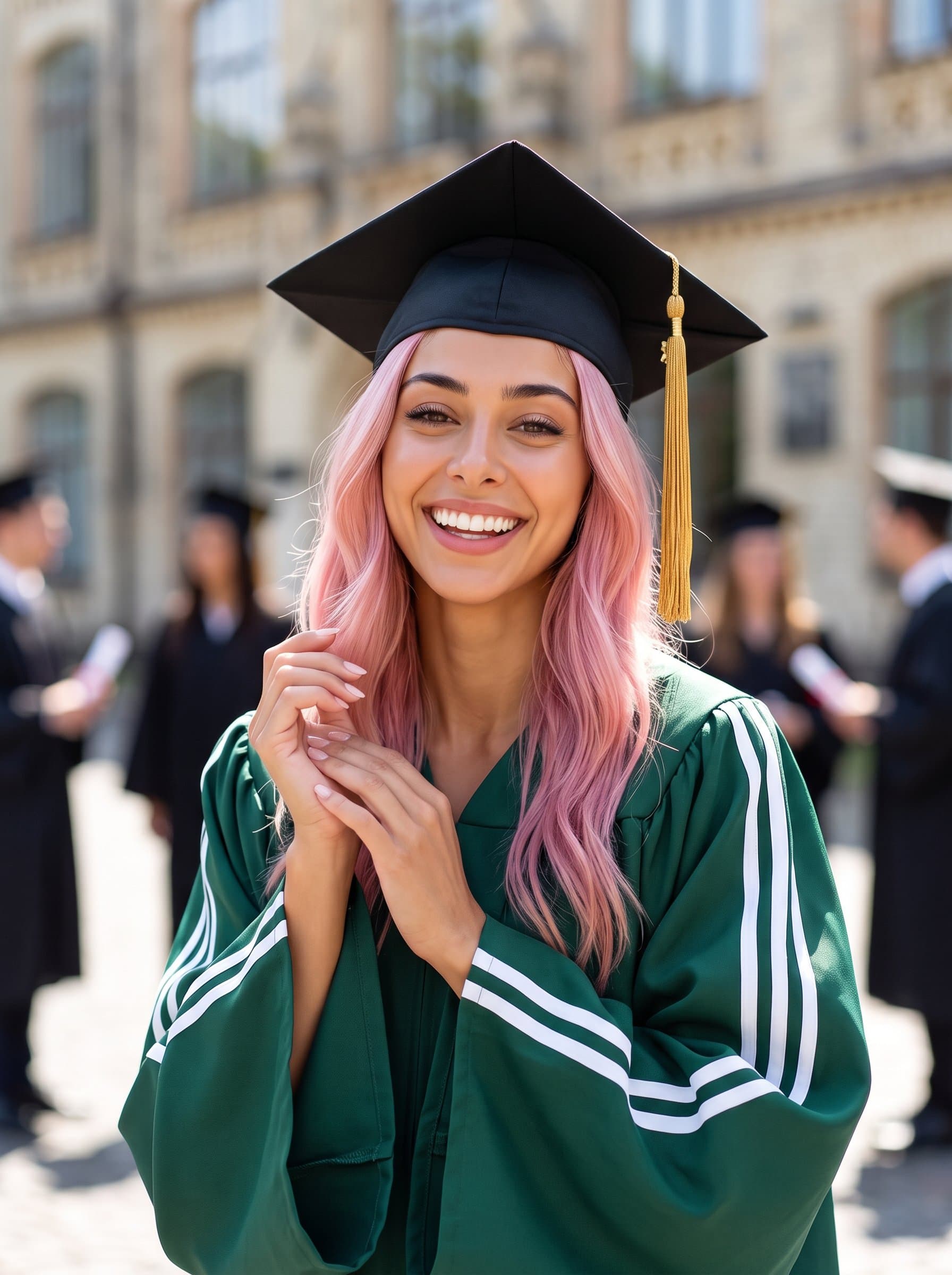This portrays a beaming graduate, elegantly dressed in cap and gown. The softly focused background and bright lighting highlight their joyful expression, encapsulating the excitement and promise of graduation. Photorealistic.