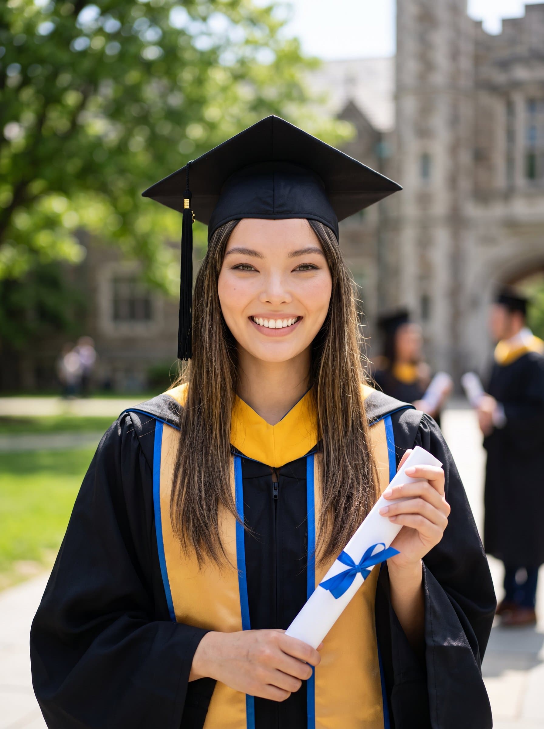 In this a graduate in cap and gown stands with a confident smile. The softly focused background and bright lighting emphasize the celebratory nature of the moment and the excitement for the future. Photorealistic.