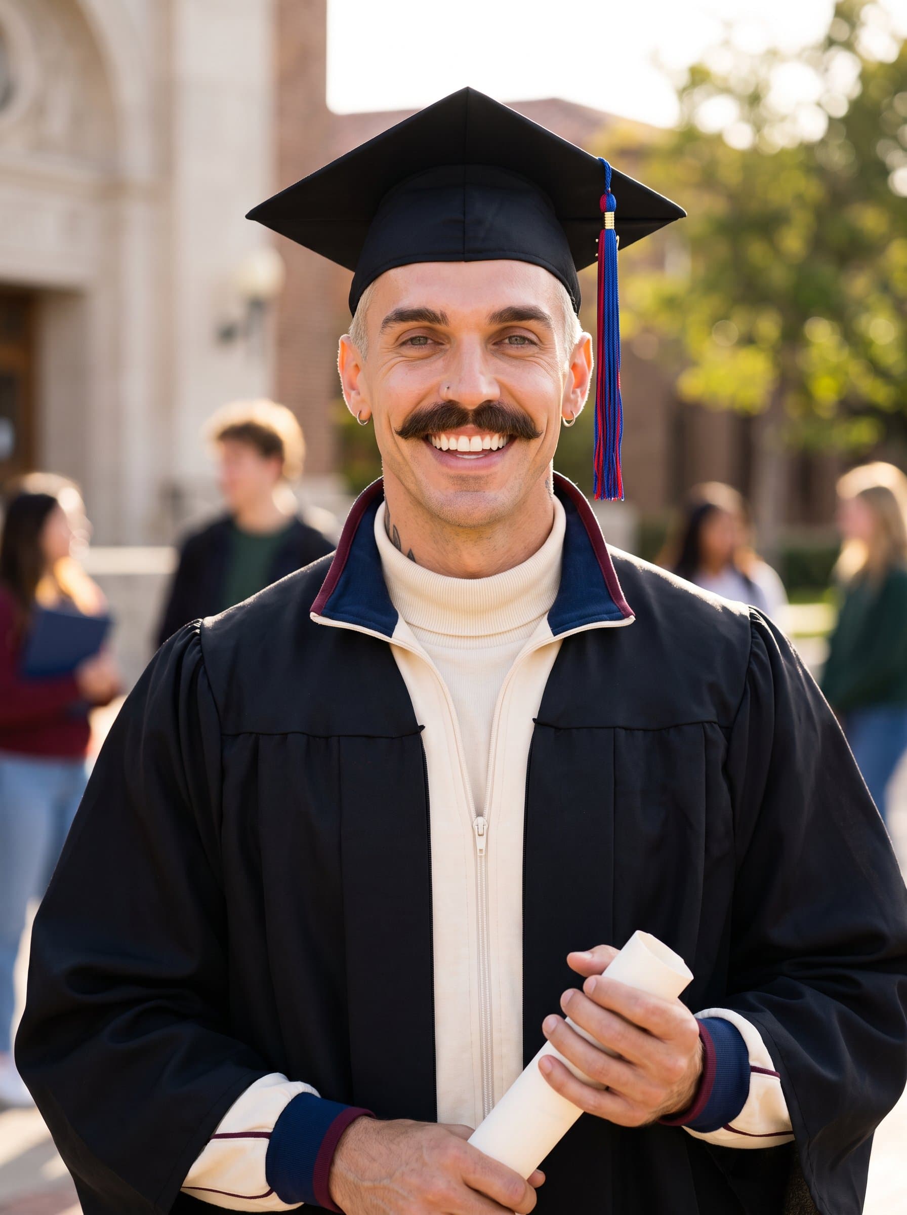 captures a joyful graduate in traditional attire, their beaming face illuminated by flattering light. The blurred background adds depth, symbolizing the pride and optimism of this milestone. Photorealistic.