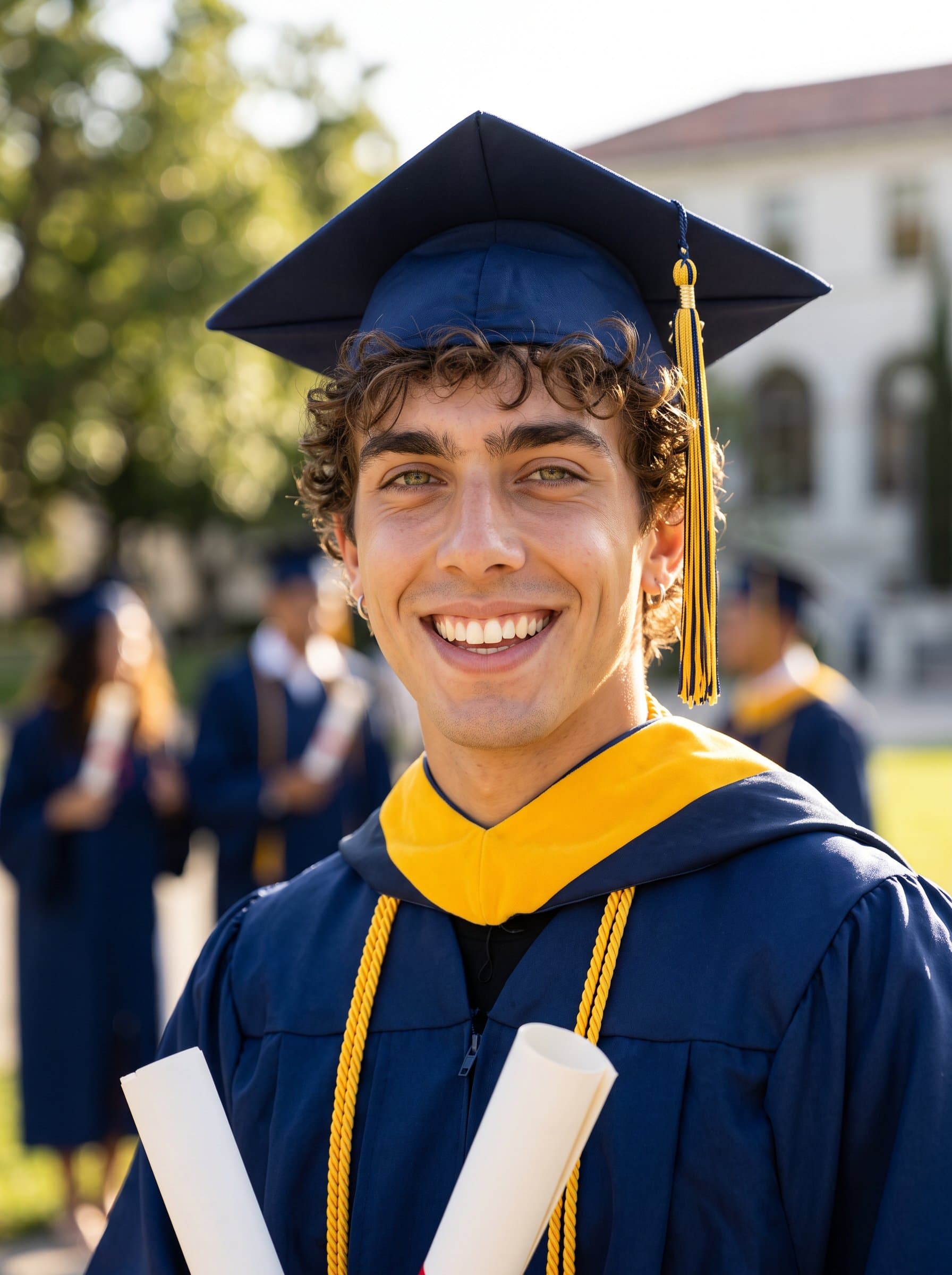 In this a graduate's joyful expression is highlighted by bright, flattering lighting. The cap and gown add a touch of sophistication, while the blurred background emphasizes the pride and excitement of graduation.