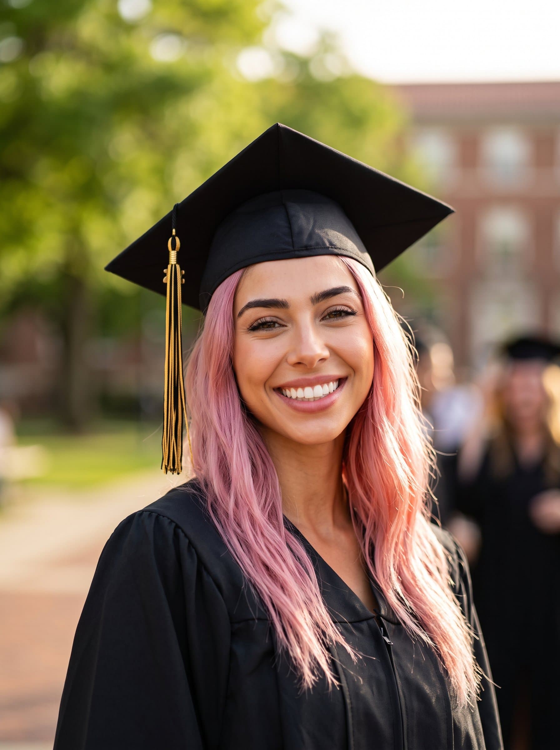 showcasing a grad with a radiant smile, wearing classic cap and gown. The blurred backdrop and flattering light accentuate their features, capturing the essence of pride and the anticipation of future success.