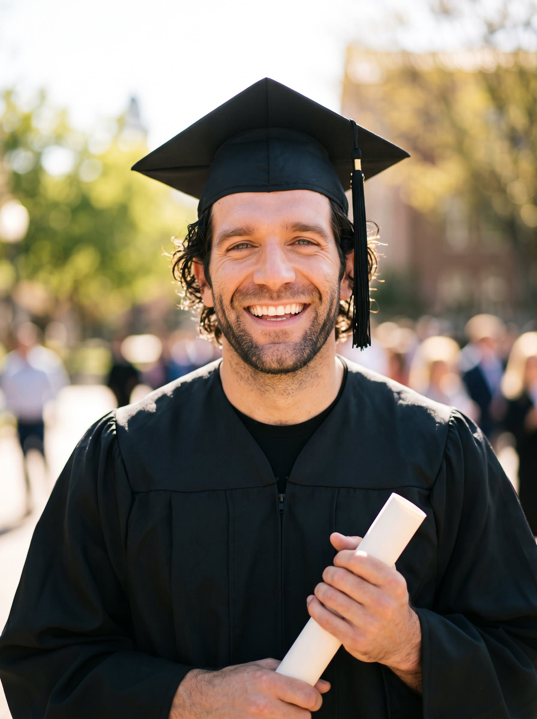 In this photorealistic a graduate's joyful expression shines through. The cap and gown add a touch of sophistication, while the blurred background and bright lighting emphasize a proud and hopeful demeanor.