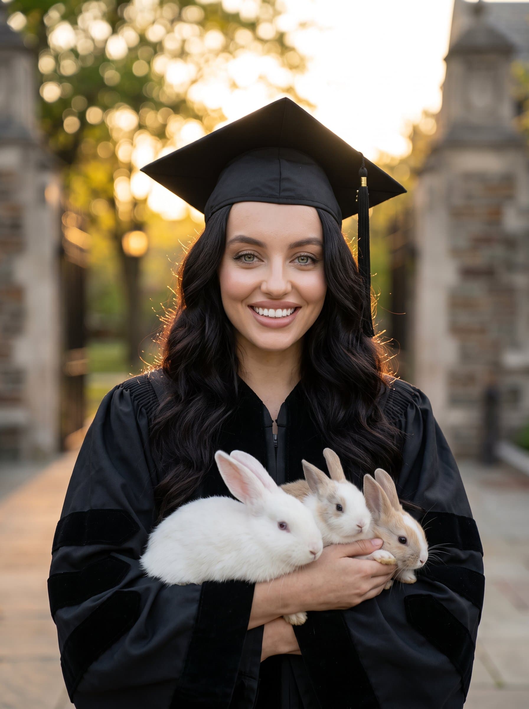 A photorealistic of a proud graduate in traditional cap and gown. Their beaming smile and the softly blurred background evoke a sense of accomplishment and excitement for what lies ahead.