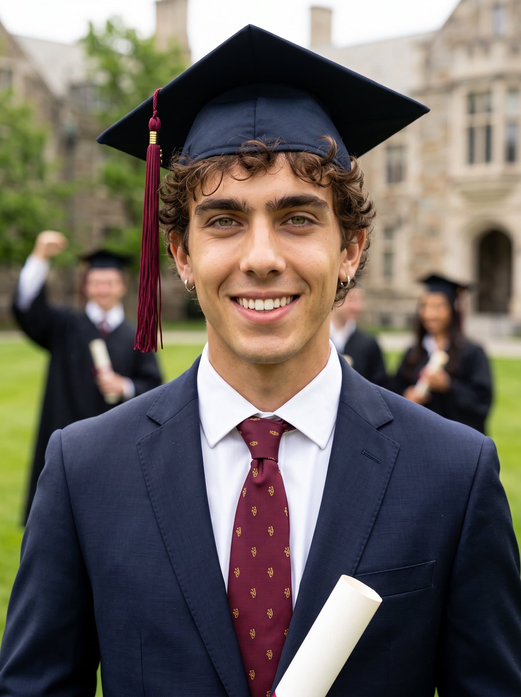 Capture the joy of commencement with this featuring a graduate in elegant attire. The softly focused background and bright, flattering lighting highlight their proud expression and future promise. Photorealistic.