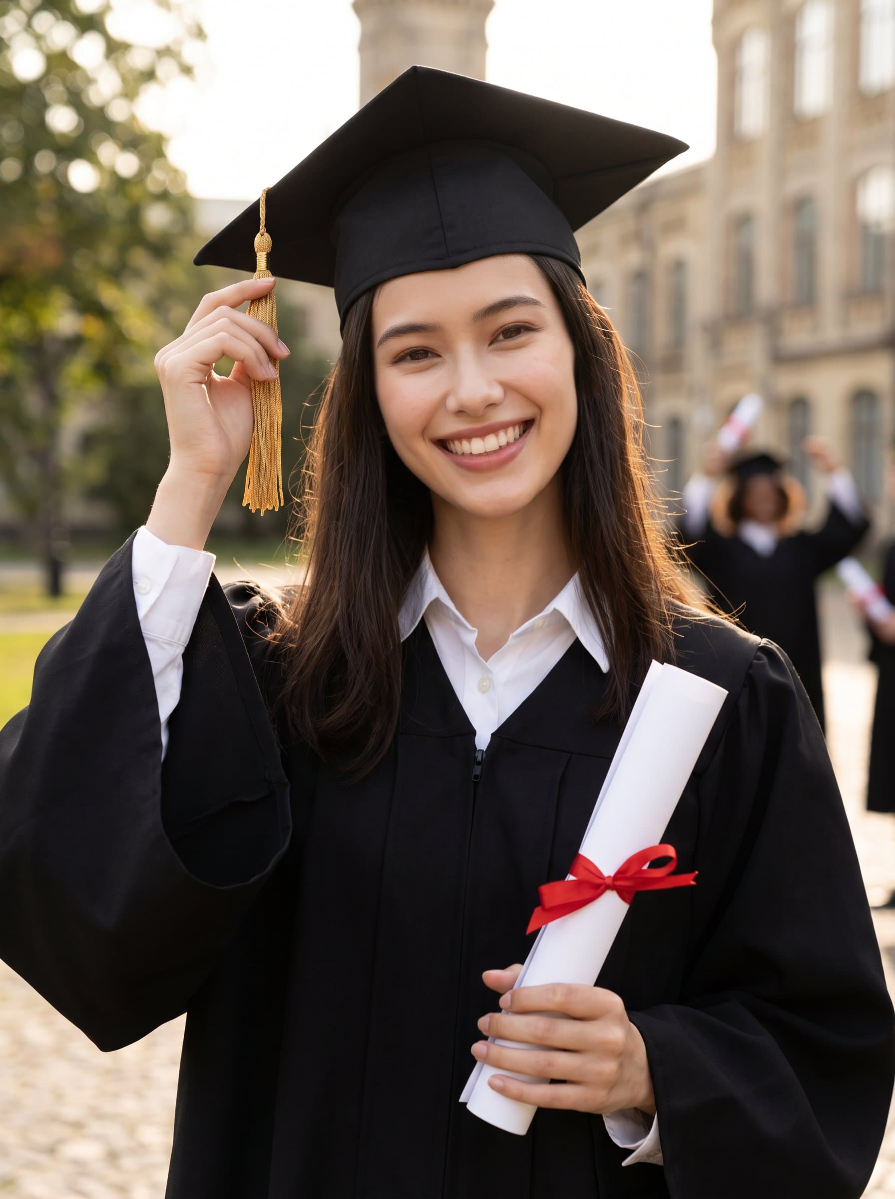 Celebrate achievement with this of a graduate, captured in elegant cap and gown. Their expressive smile and the softly blurred backdrop convey a sense of pride and anticipation for future endeavors. Photorealistic.