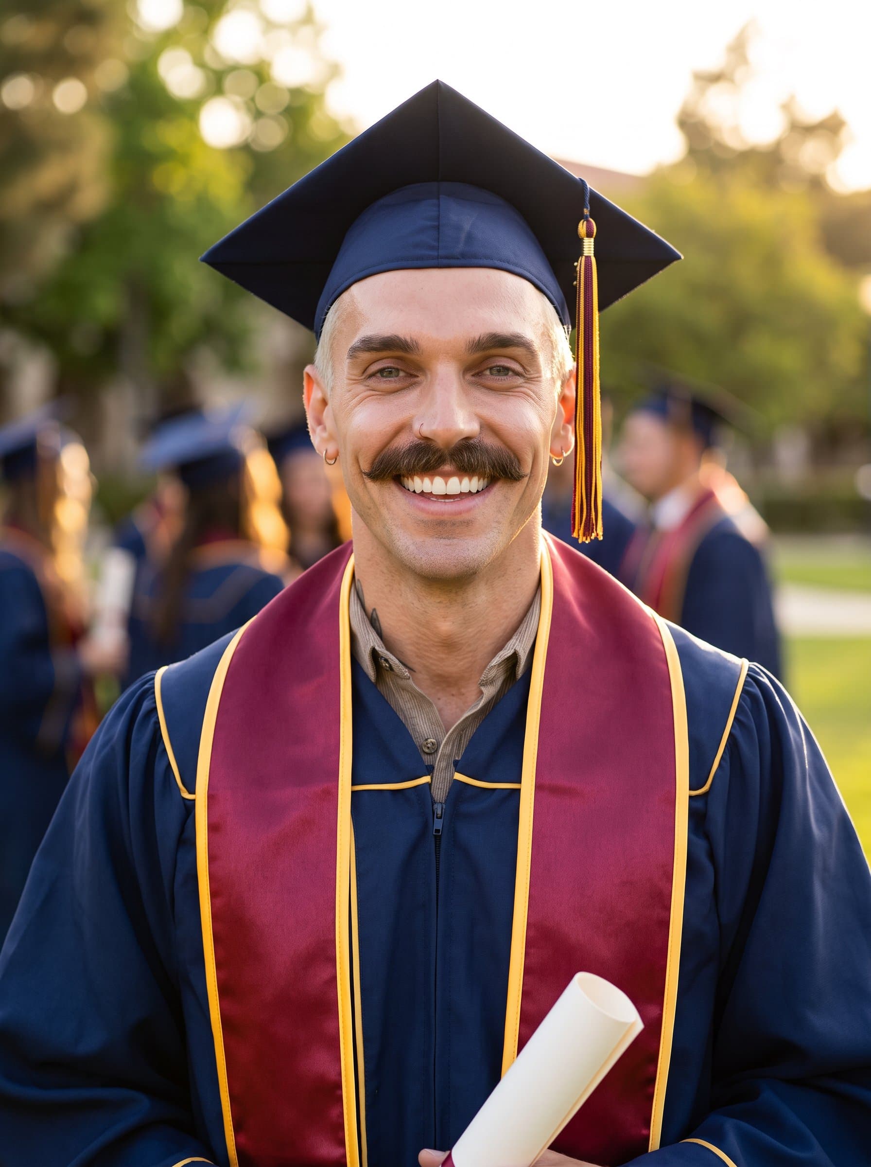 A photorealistic showcasing a graduate, their smile bright against a softly blurred backdrop. The cap and gown add elegance, while flattering lighting highlights the joyful anticipation of what the future holds.