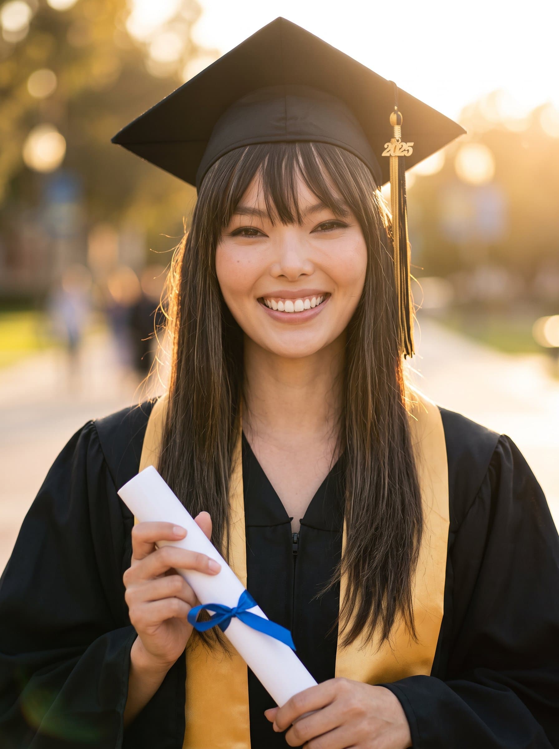 Celebrate the joy of achievement with this featuring a graduate in cap and gown. The softly blurred background and radiant lighting emphasize their proud smile, embodying the promise of future success. Photorealistic.