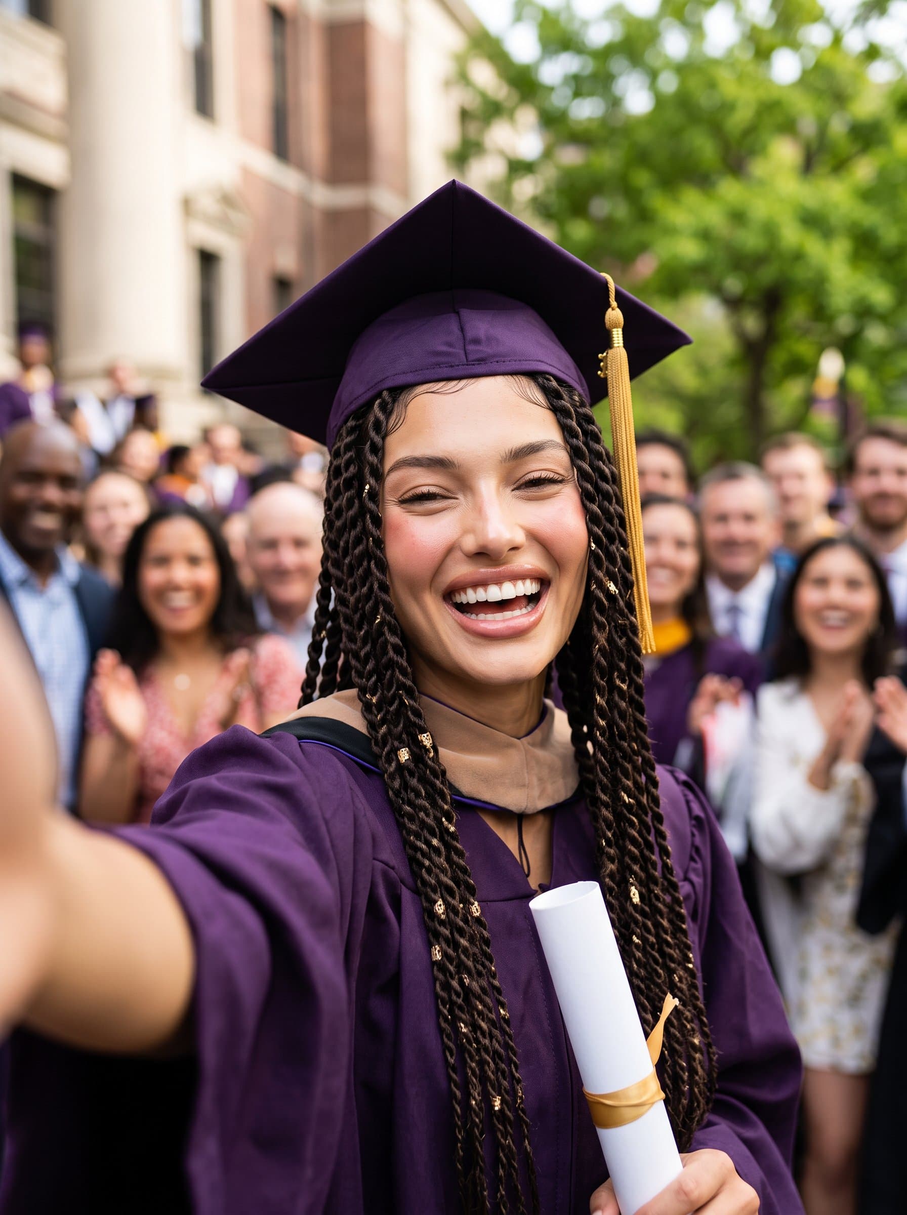 This features a jubilant graduate, elegantly attired in cap and gown. Their radiant smile and the blurred background convey a sense of accomplishment and hope for the future. Photorealistic.