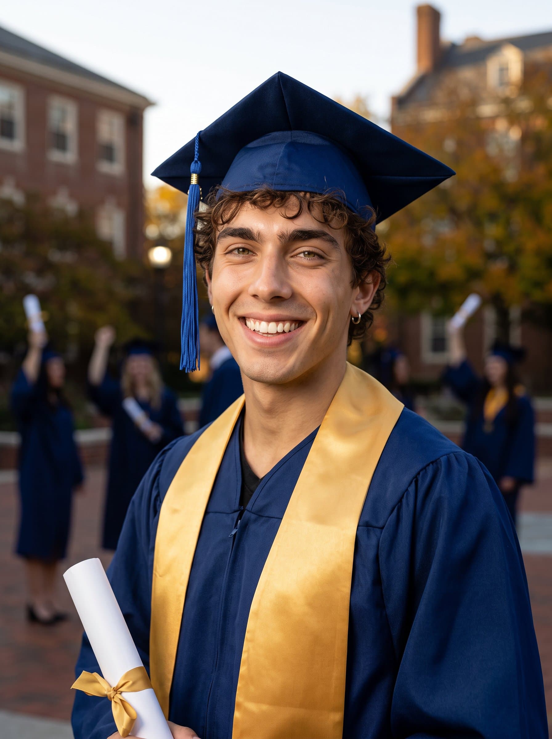 This showcases a proud graduate in cap and gown, their smile illuminated against a softly blurred backdrop. Flattering lighting highlights their features, capturing the essence of accomplishment and future promise. Photorealistic.