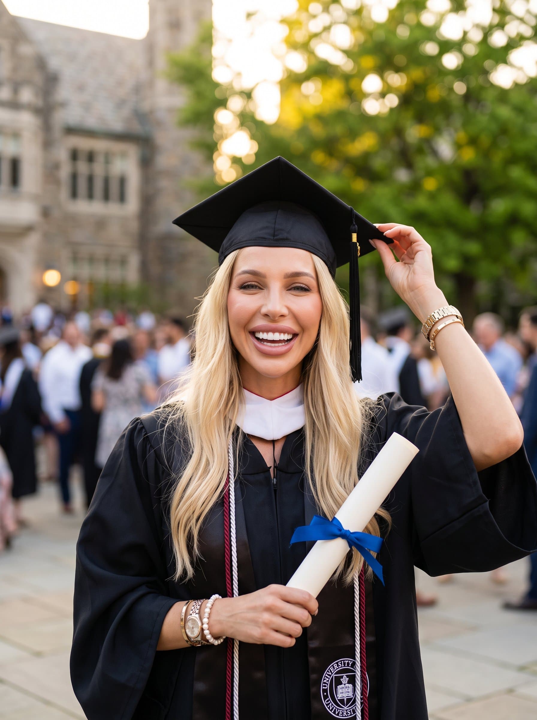captures the essence of graduation, with a beaming graduate in classic attire. The softly focused background and bright lighting accentuate their features, conveying the joy and promise of new beginnings. Photorealistic.