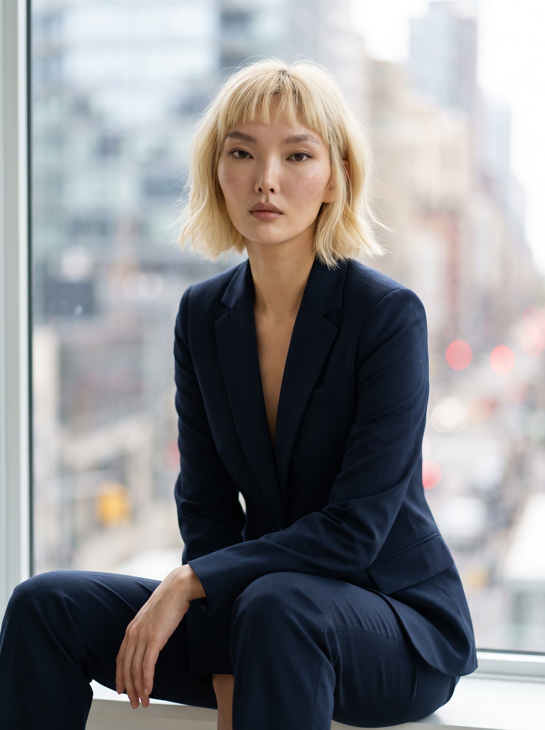 A classic professional in a dark tailored suit, sitting with poise against a blurred cityscape background. The natural lighting highlights a confident demeanor and the soft-focus background ensures the woman remains the focal point.