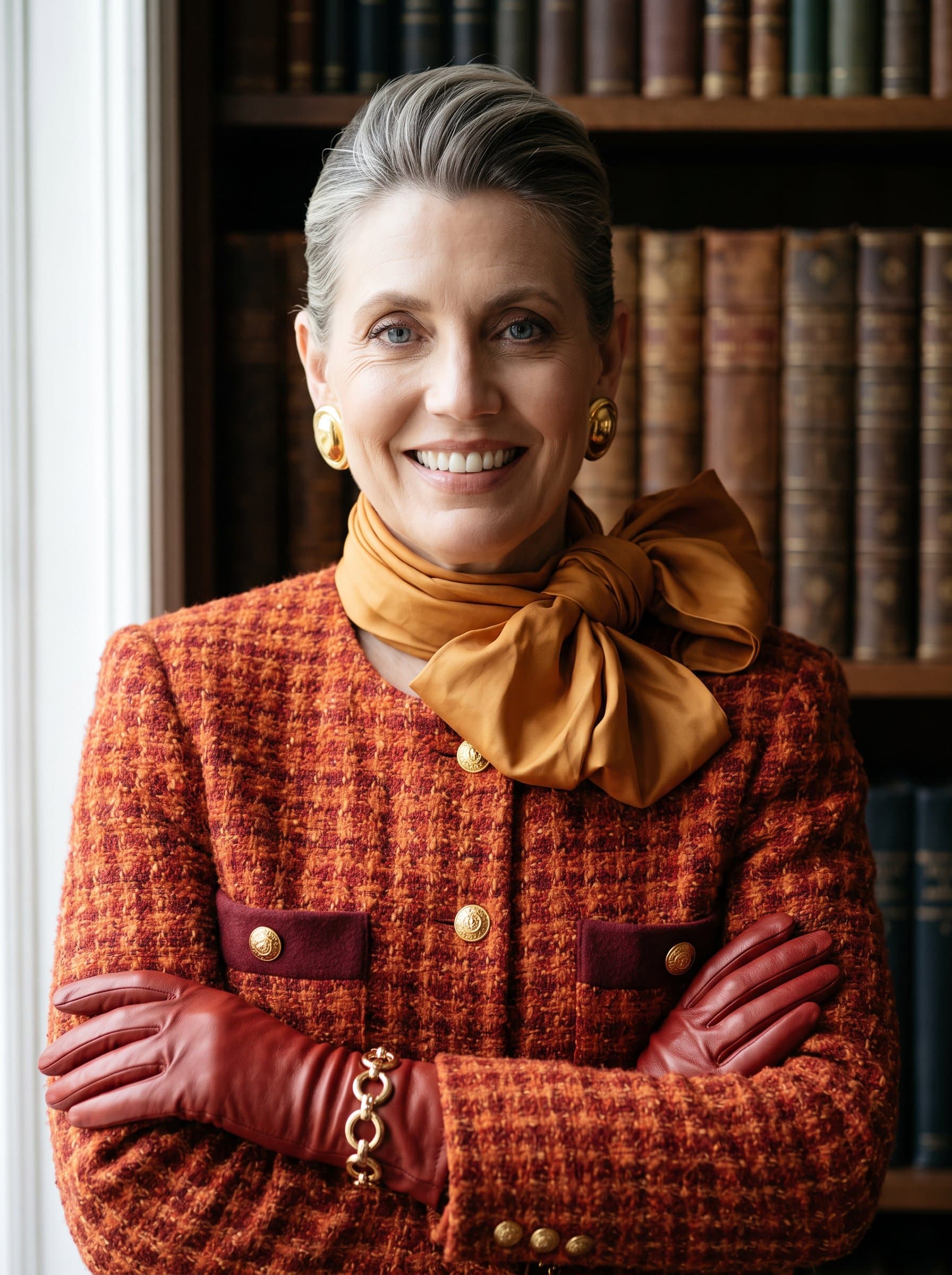 Photograph a bold and confident with arms crossed, showcasing a hint of a smile. Natural lighting enhances their features while a soft-focus library backdrop signifies wisdom and knowledge.