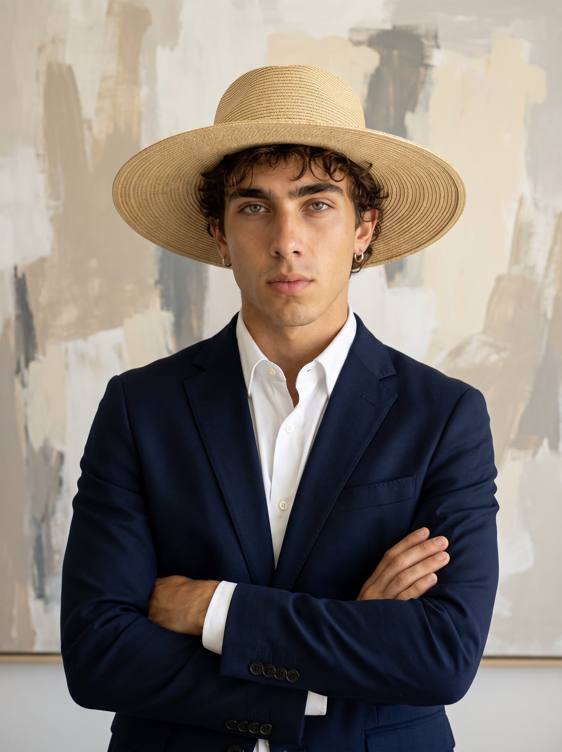 Capture a modern chic wearing a crisp white shirt and stylish blazer, standing against a softly lit abstract art background. The neutral color palette enhances their approachable yet authoritative presence.