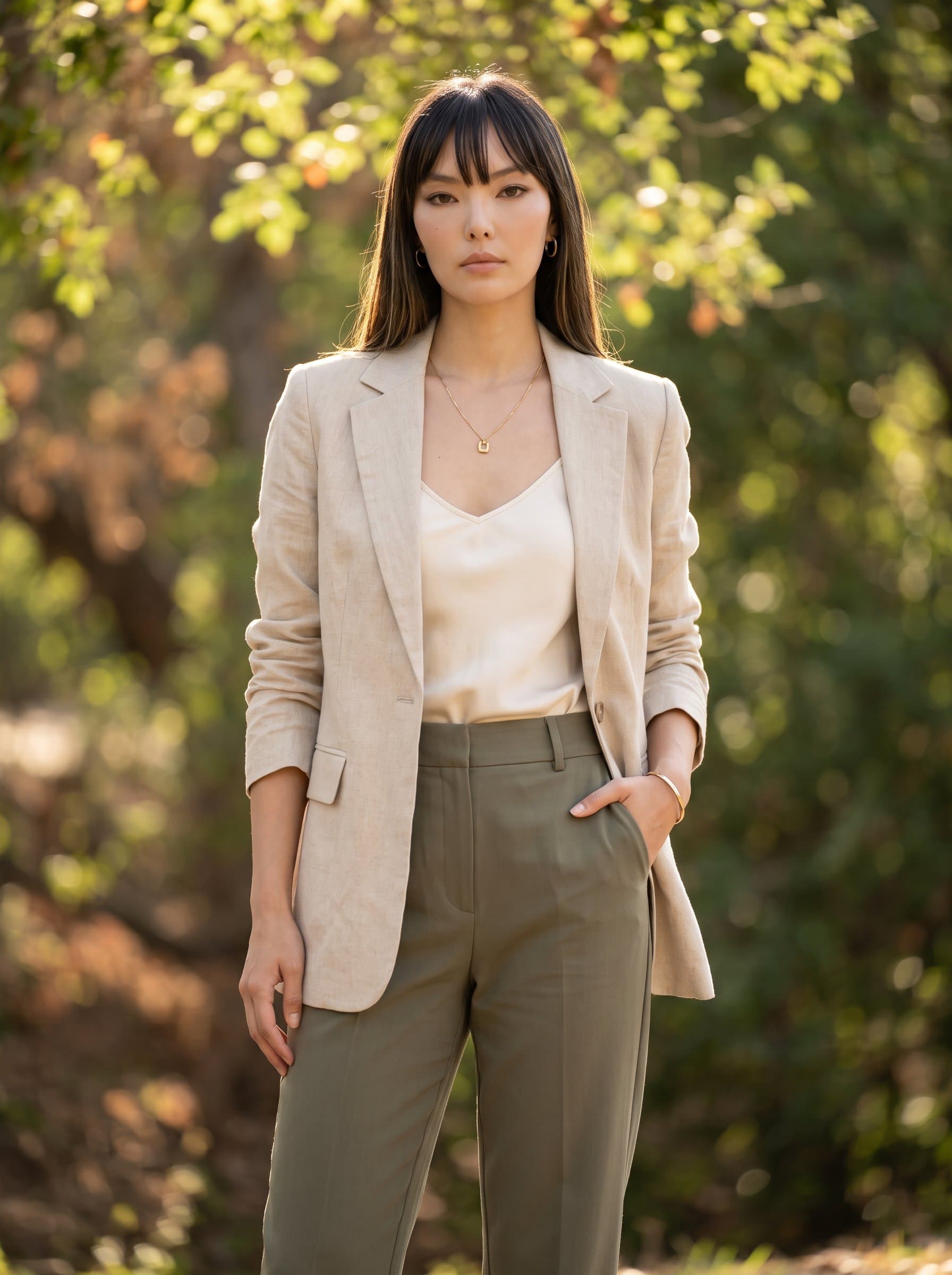 A modern chic wearing minimalist jewelry, stands confidently against a soft-focus nature backdrop. Neutral tones of the attire blend seamlessly with the background, embodying a calm yet assertive presence.