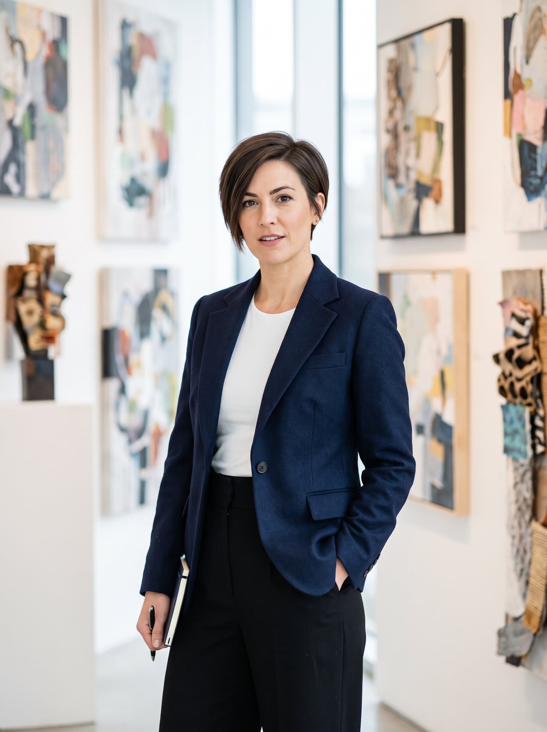 Frame a modern chic with an asymmetric haircut, standing in front of a soft-focus contemporary art wall. The natural lighting and chic outfit convey creativity and confidence.