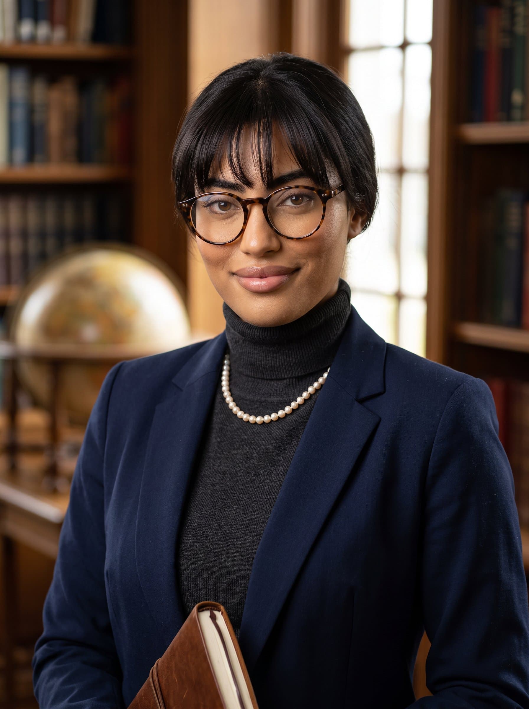 Capture a classic professional wearing glasses and a slight smile, against a softly blurred library background. The gentle natural lighting highlights both authority and warmth.