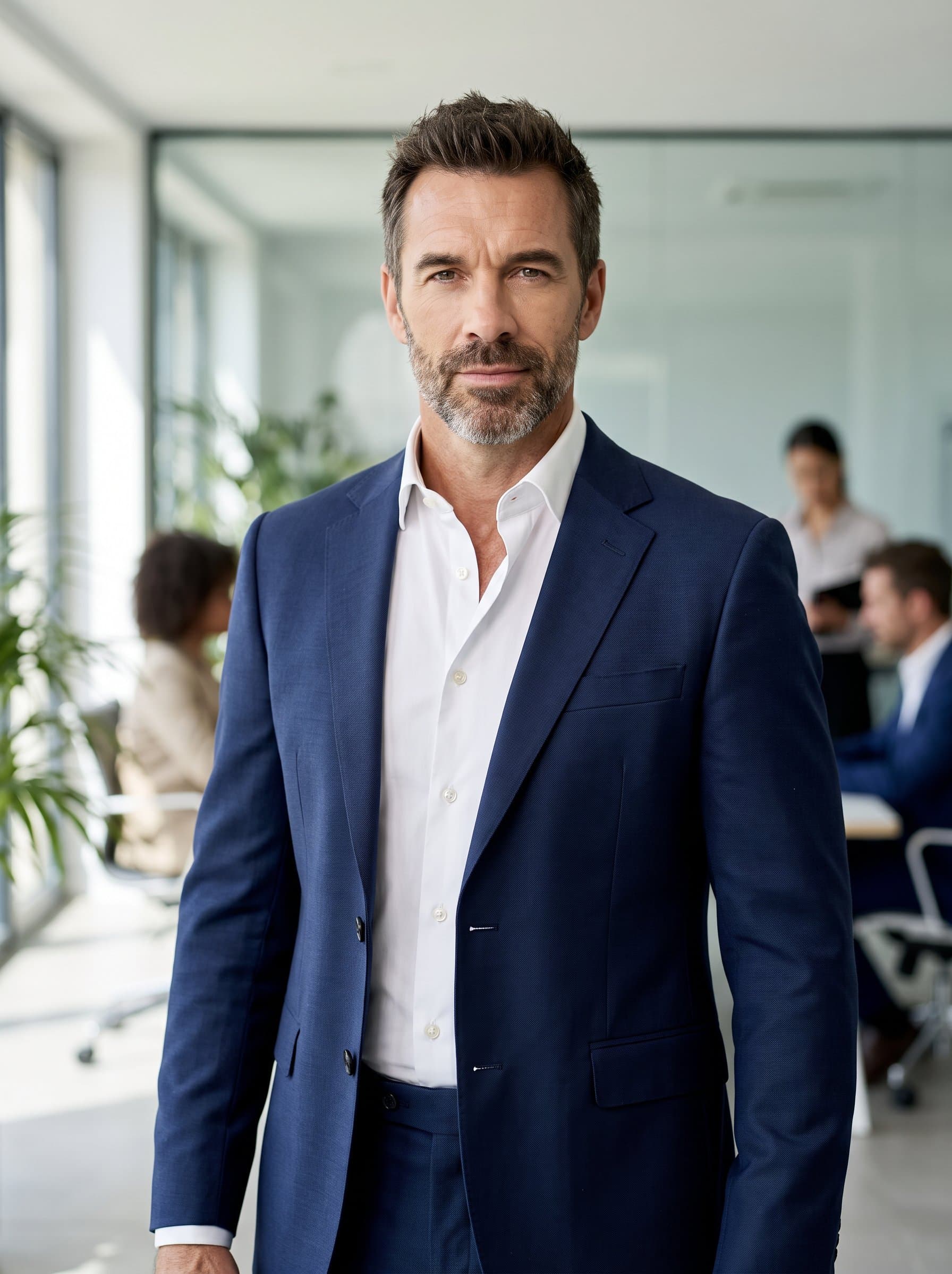 Capture a bold and confident with a well-fitted suit and open-collared shirt. The soft-focus background of a modern office provides an air of authority and approachability.