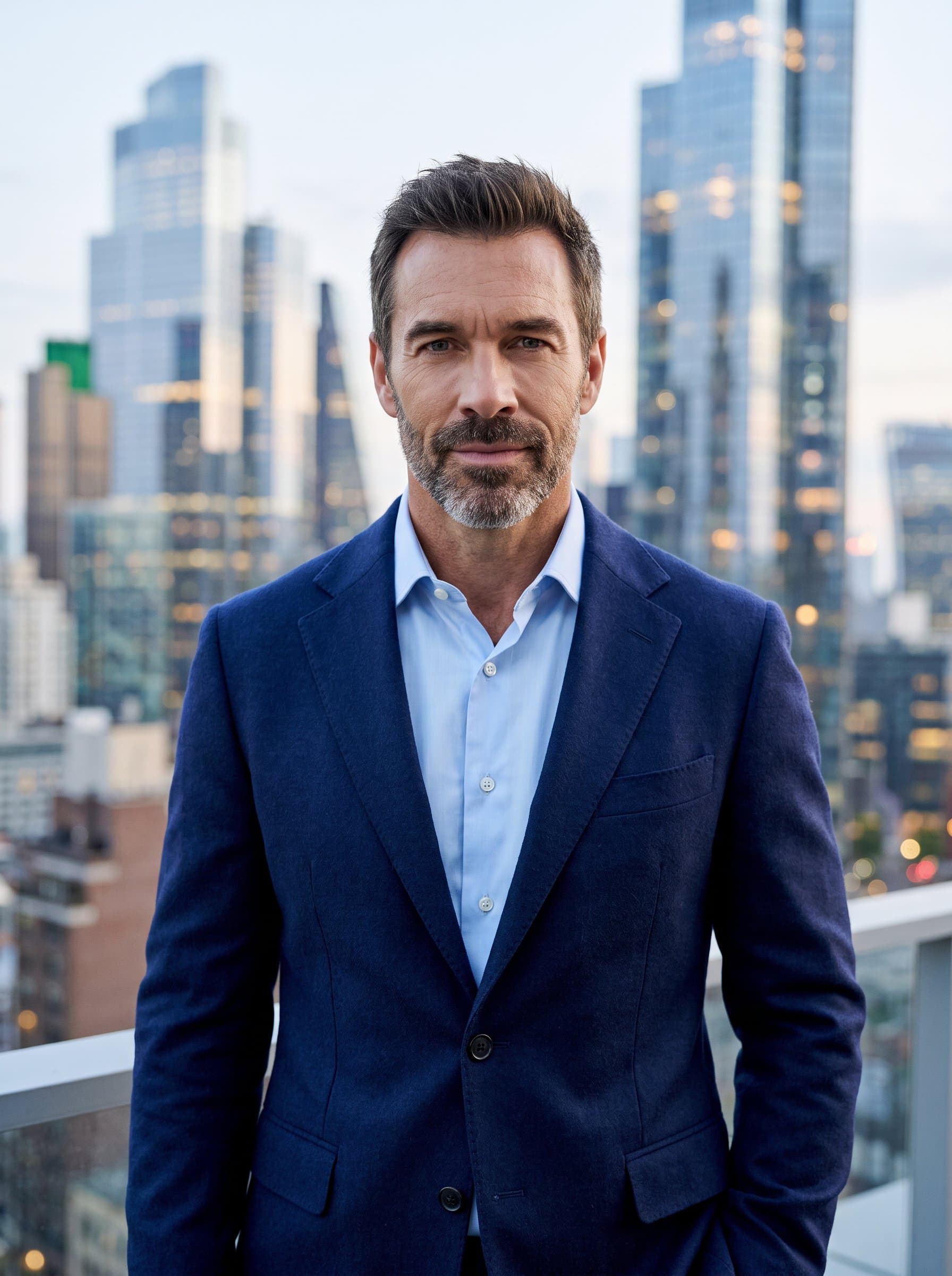 Present a bold wearing a deep navy blazer, gazing directly at the viewer with confidence. The soft-focus urban skyline in the background conveys a sense of modernity and ambition.
