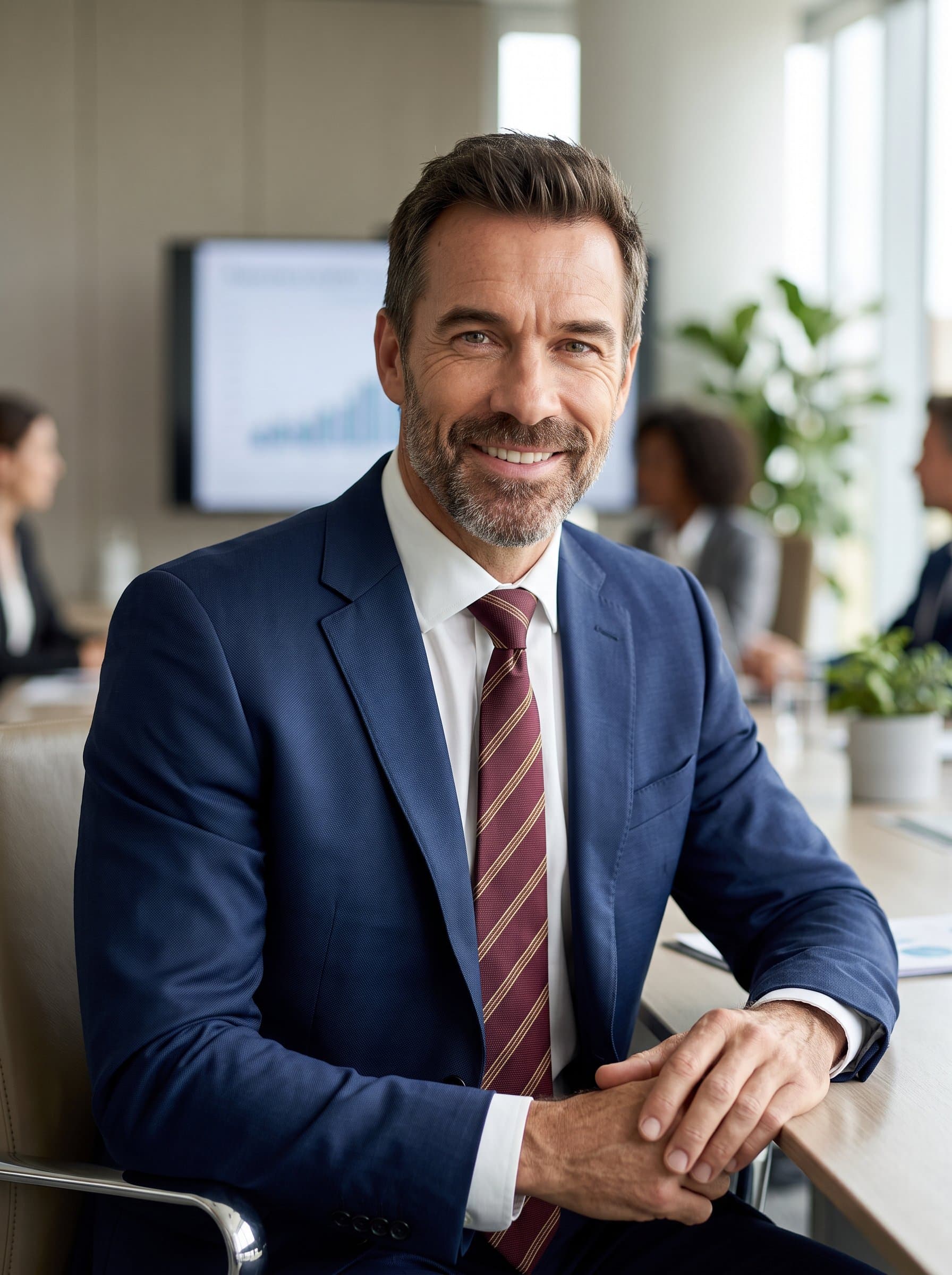 Showcase a classic professional with a neat tie, seated against a blurred conference room backdrop. Natural lighting highlights their facial features, projecting both confidence and warmth.