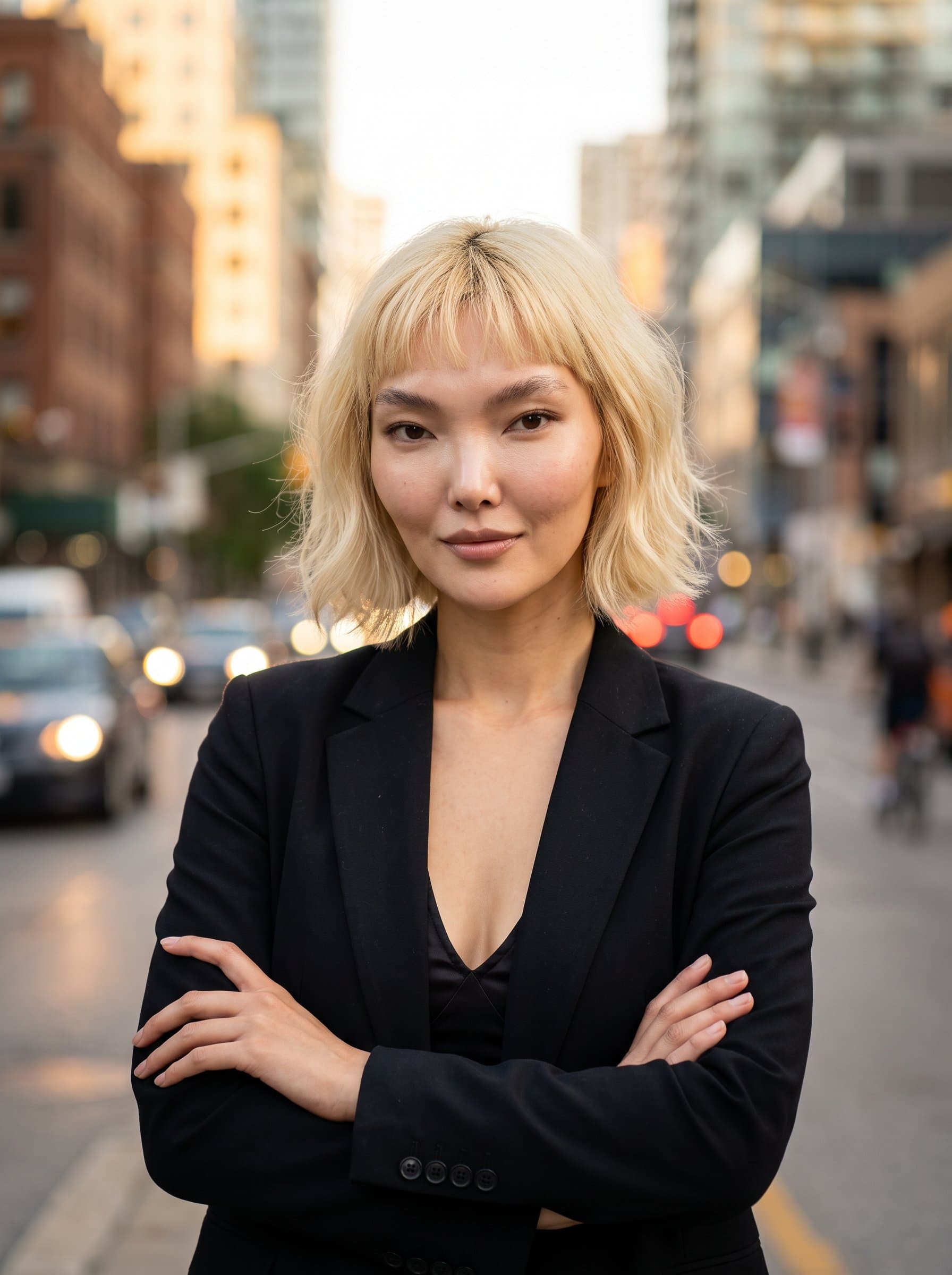 Show a bold arms casually crossed, in front of a blurred cityscape. The natural lighting complements their confident stance and bold attire, emphasizing leadership qualities.