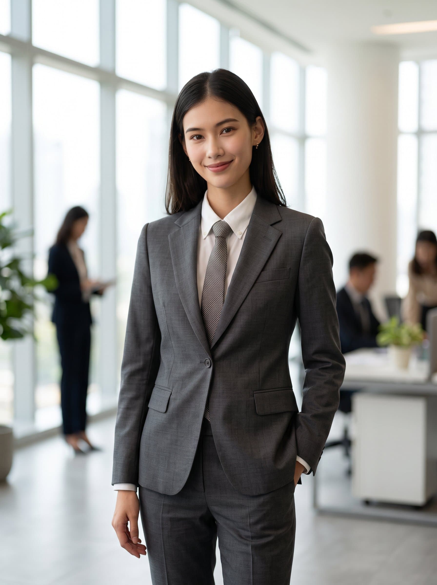 Position a bold in a charcoal suit, subtly smiling. The blurred office interior, awash with natural light, enhances their commanding yet approachable aura.
