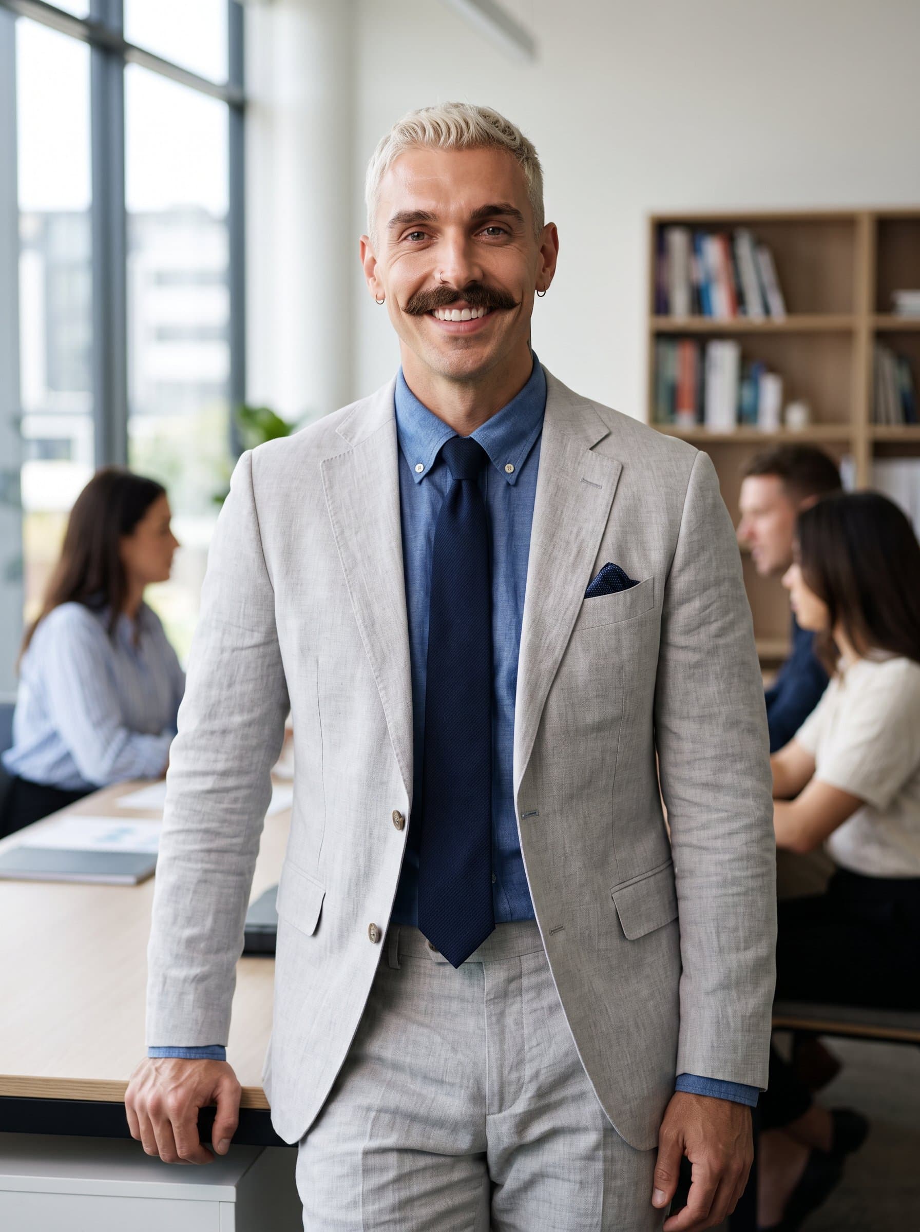 Frame a classic professional with a warm smile, wearing a light-colored suit, against a softly blurred office interior. Natural lighting ensures their approachable nature is conveyed.