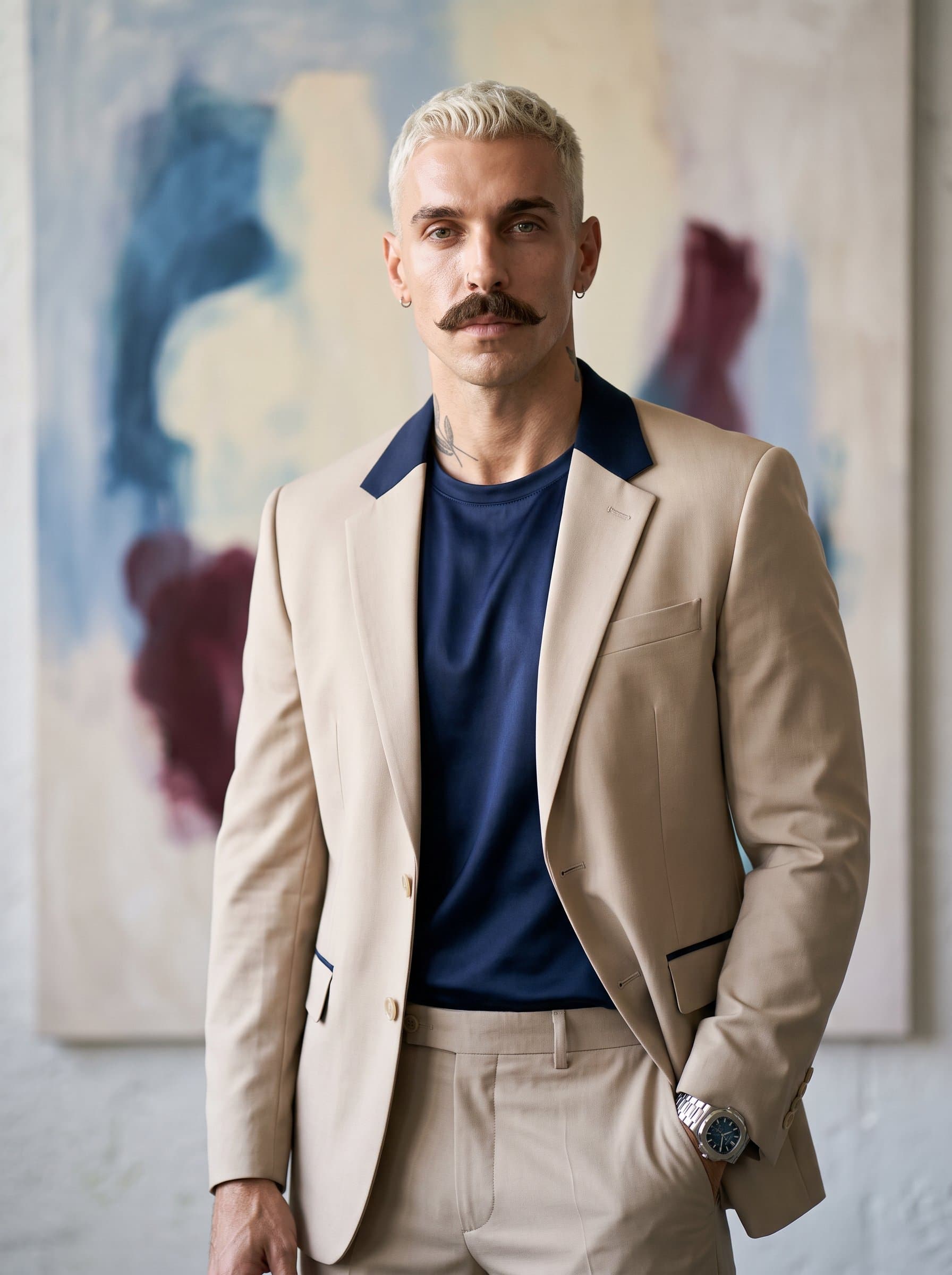 Present a modern chic with a distinctive hairstyle, lit by natural light. They stand against a soft-focus abstract art background, exuding a blend of creativity and professionalism.